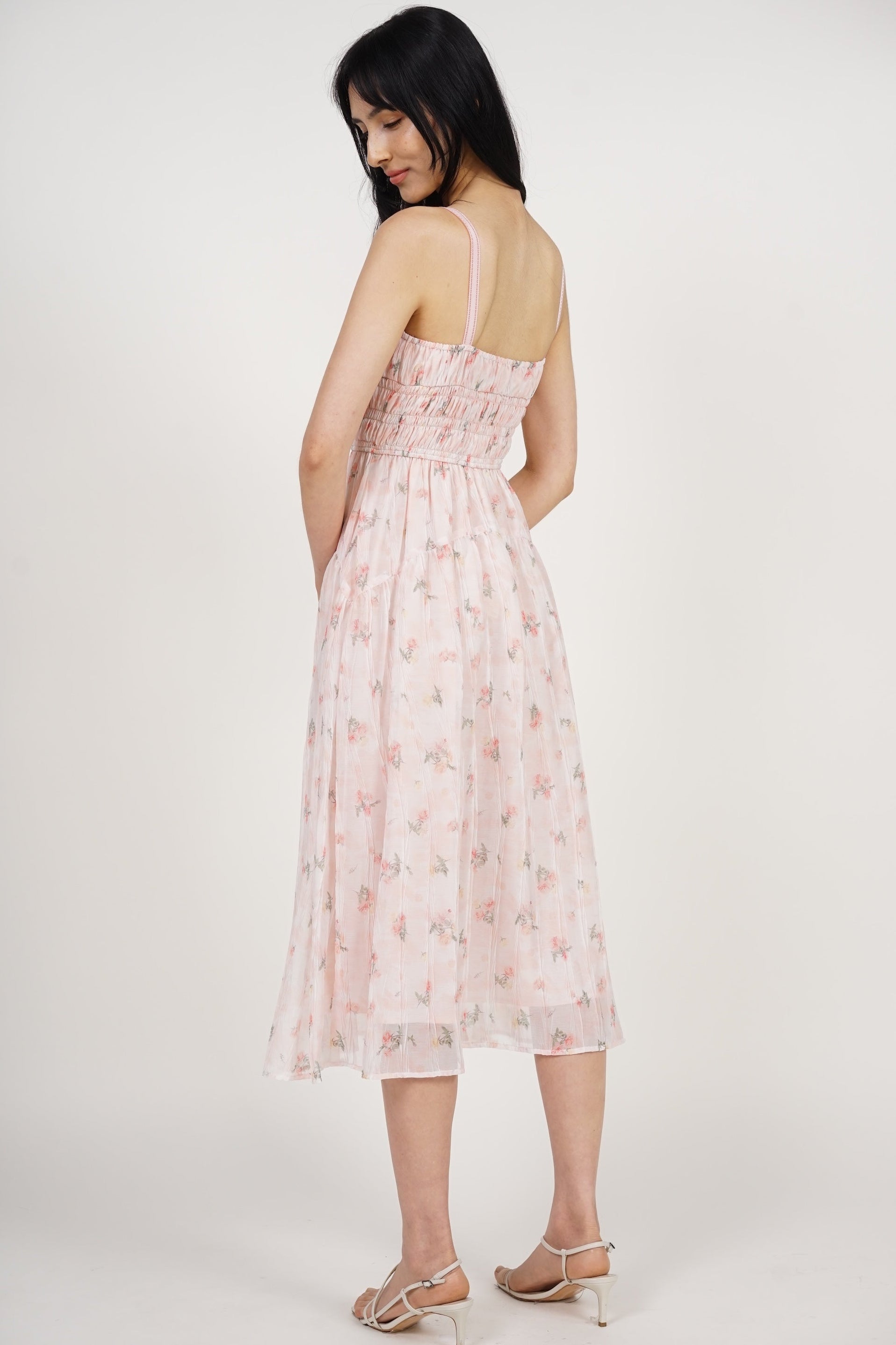 Sleeveless Smocked Flare Dress in Pink Floral