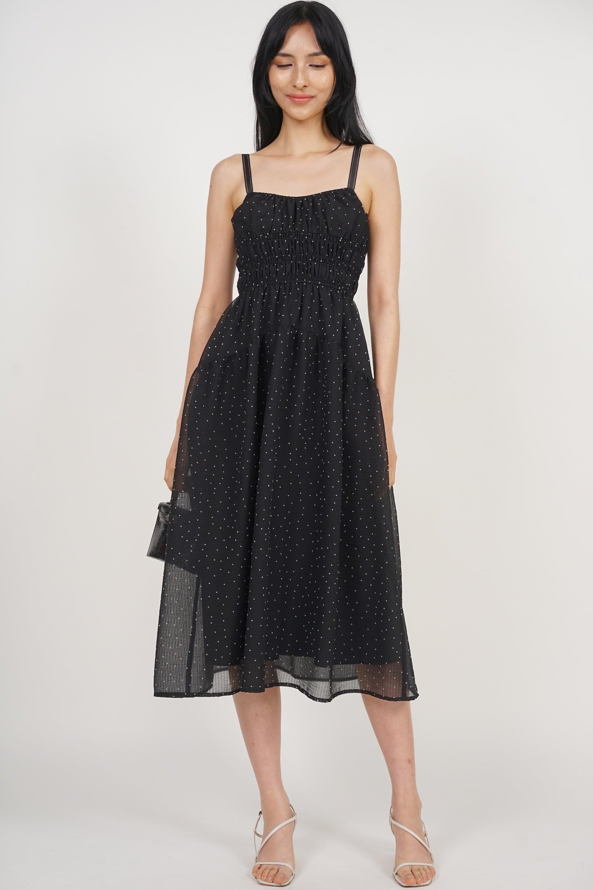 Sleeveless Smocked Flare Dress in Black White Polka Dots Sleeveless Smocked Flare Dress in Black White Polka Dots