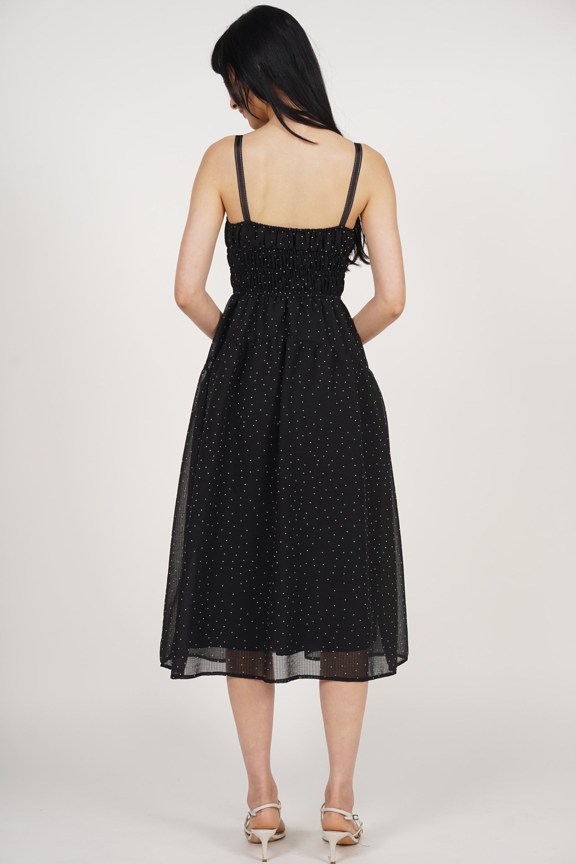 Sleeveless Smocked Flare Dress in Black White Polka Dots