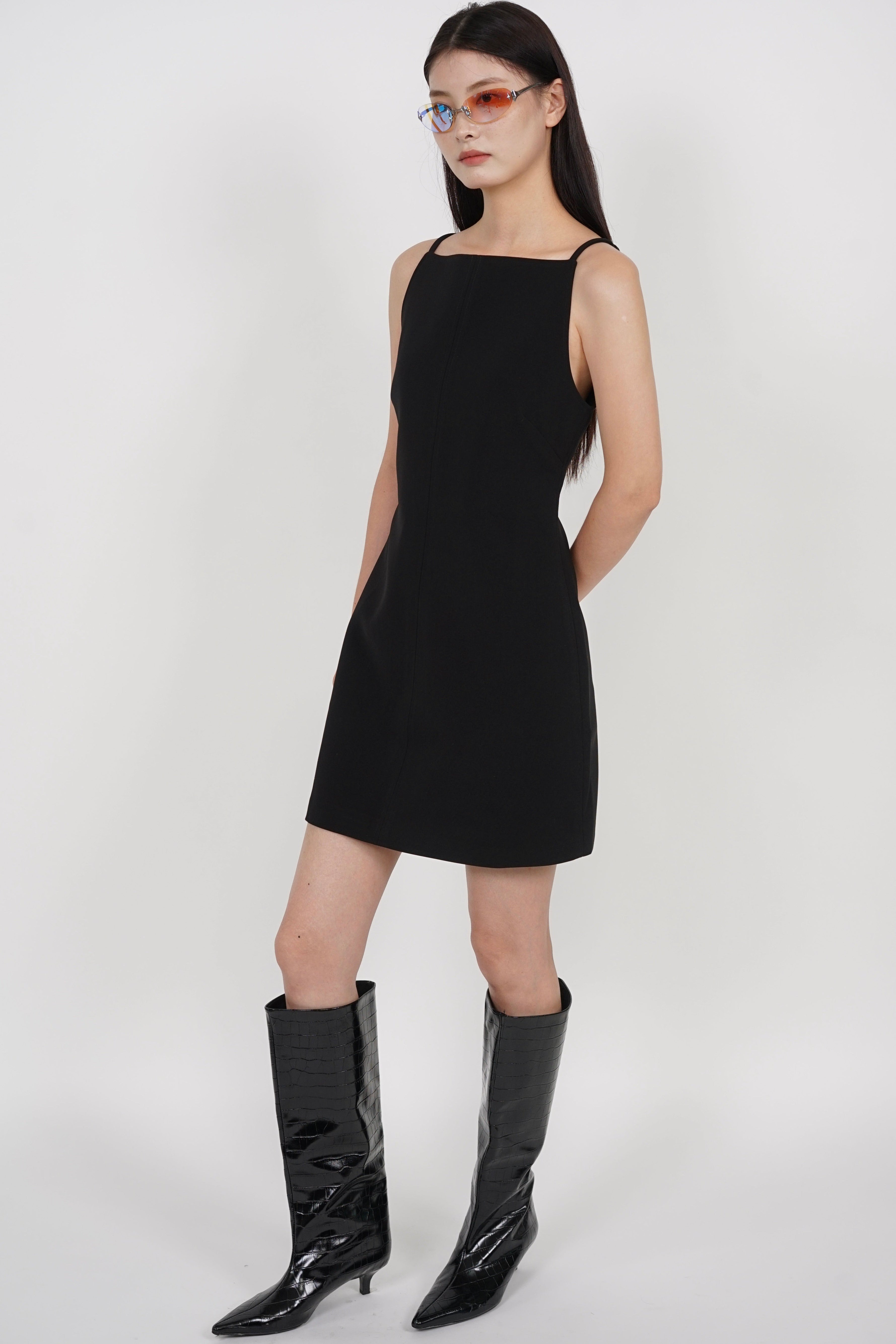Boat Neck Mini Dress in Black