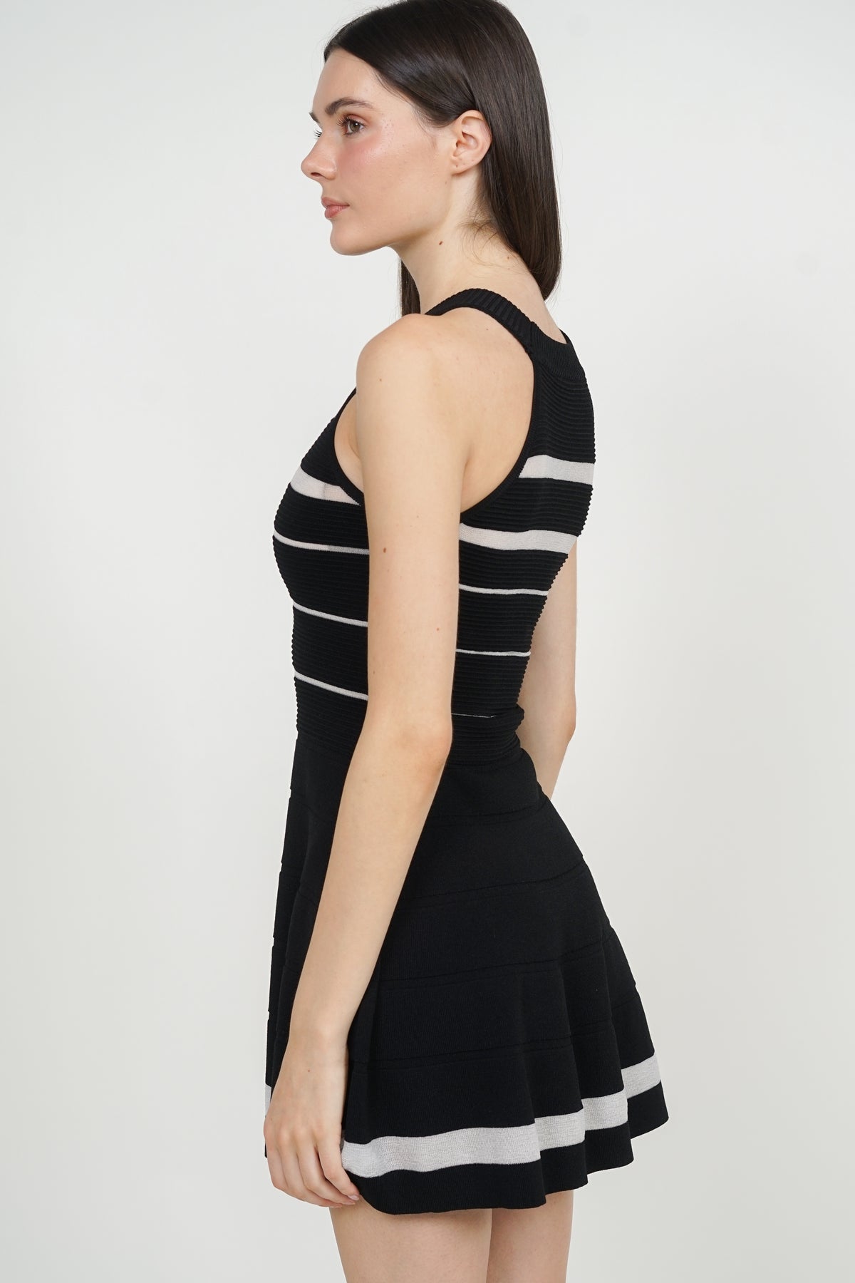 Patchwork Knit Flare Dress in Black Stripe