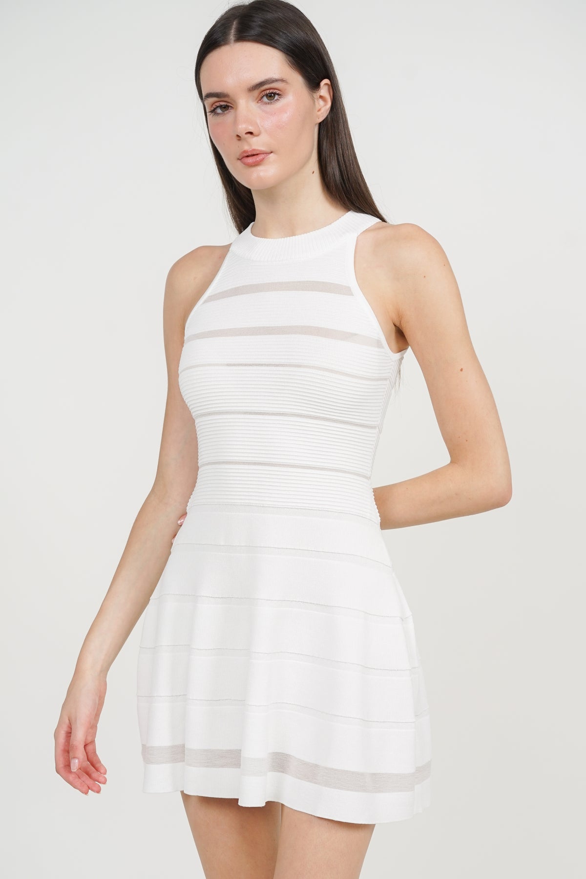 Patchwork Knit Flare Dress in White Stripe