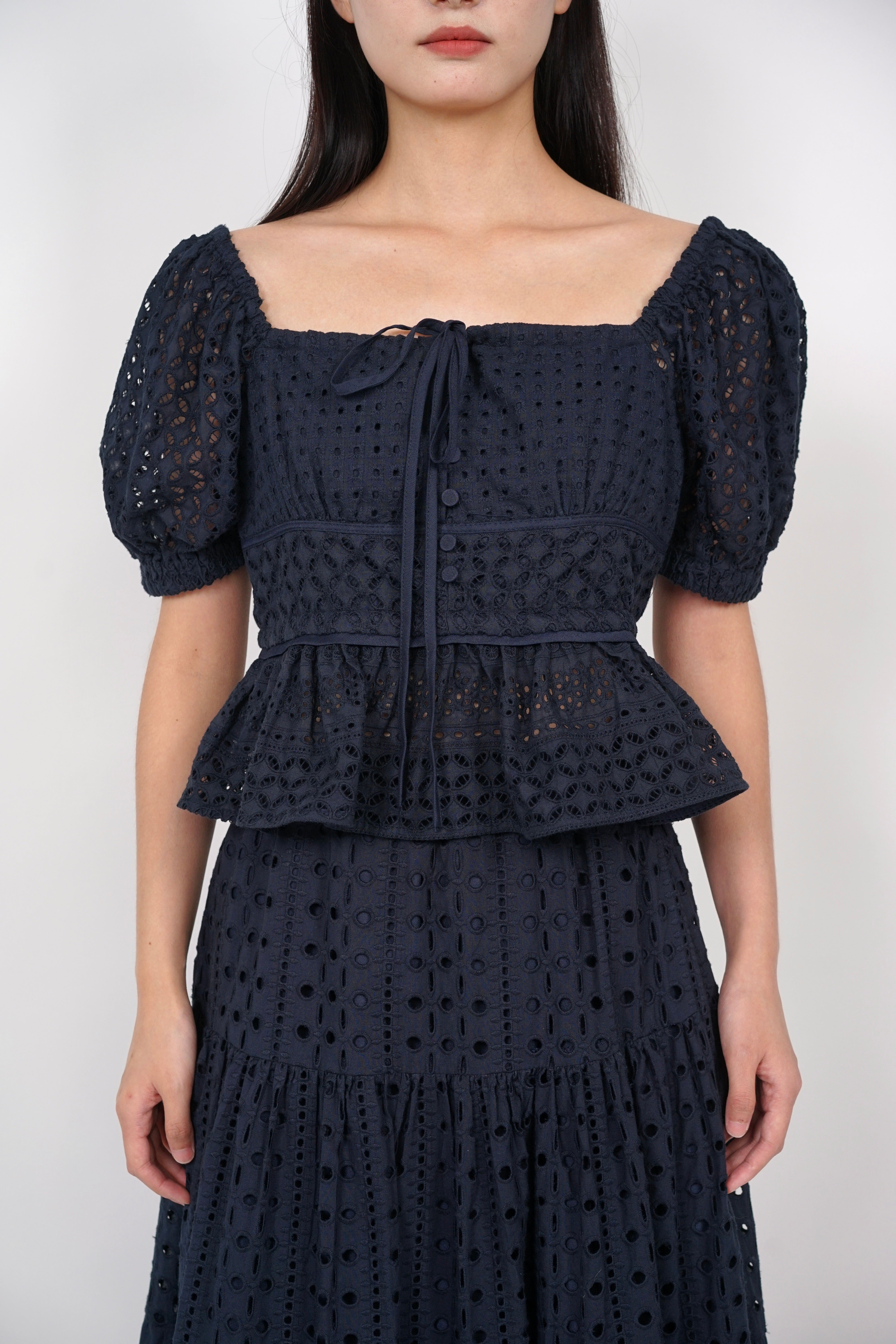 Puff Sleeve Eyelet Top in Midnight