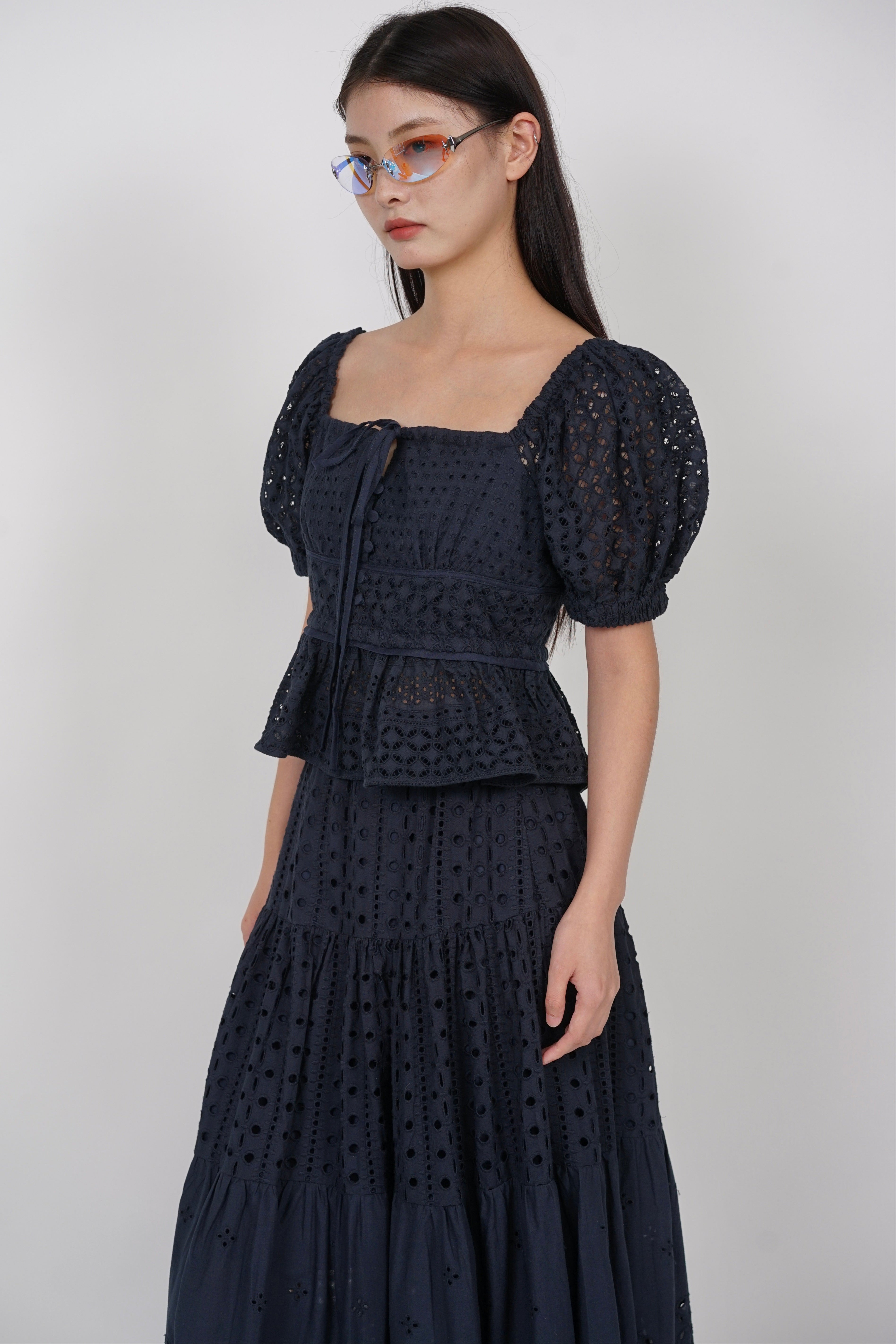 Puff Sleeve Eyelet Top in Midnight