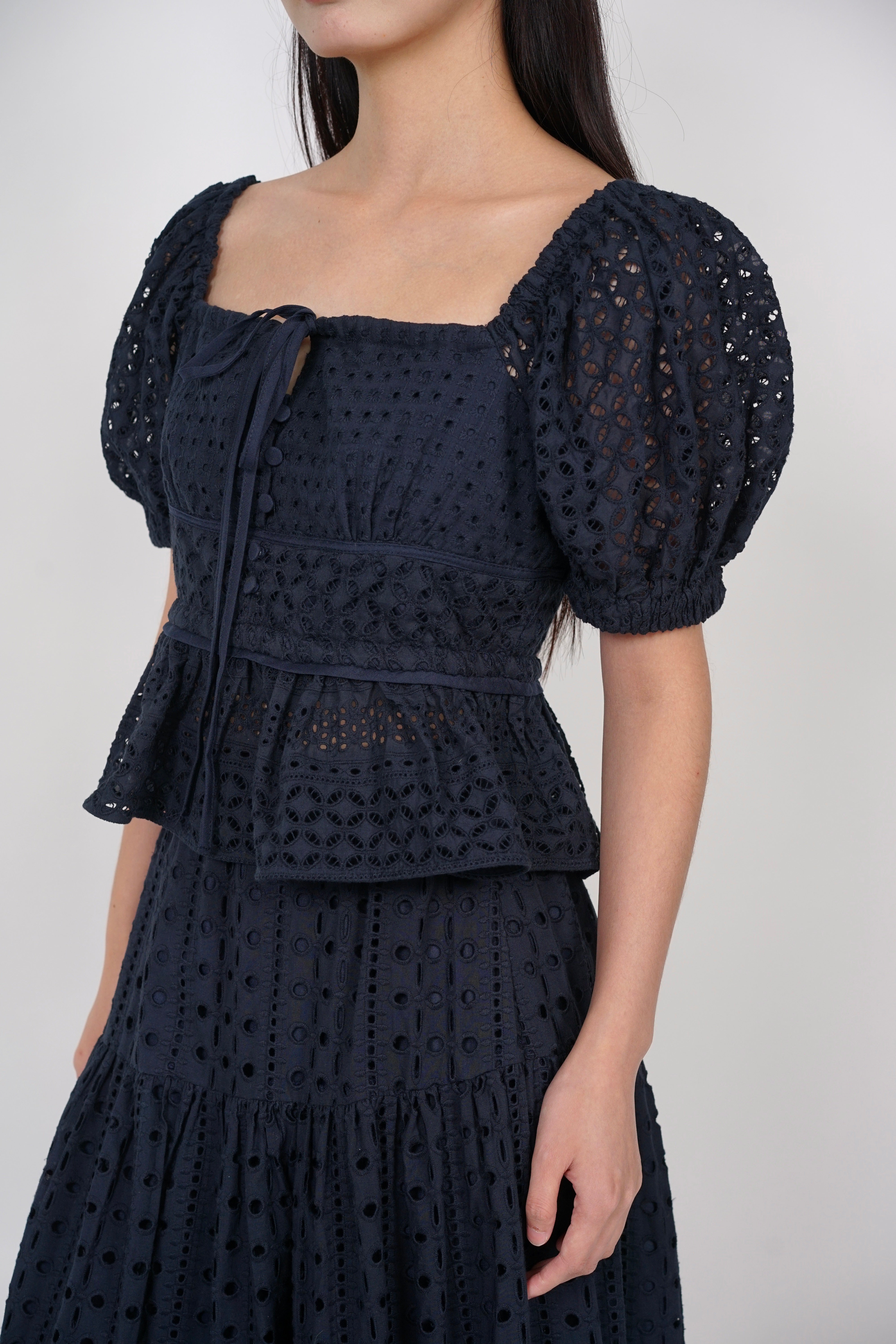Puff Sleeve Eyelet Top in Midnight