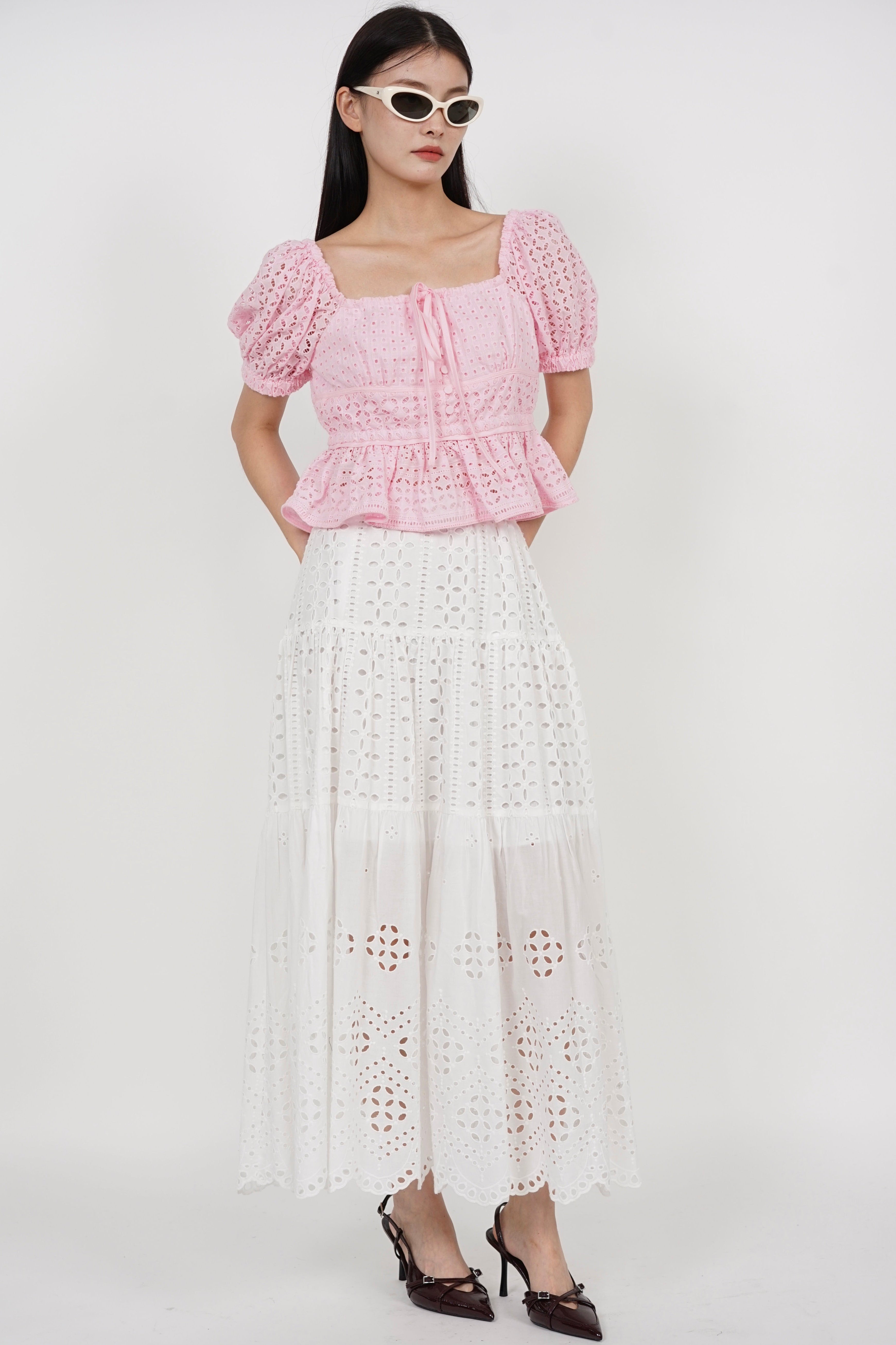 Eyelet Tiered Skirt in White