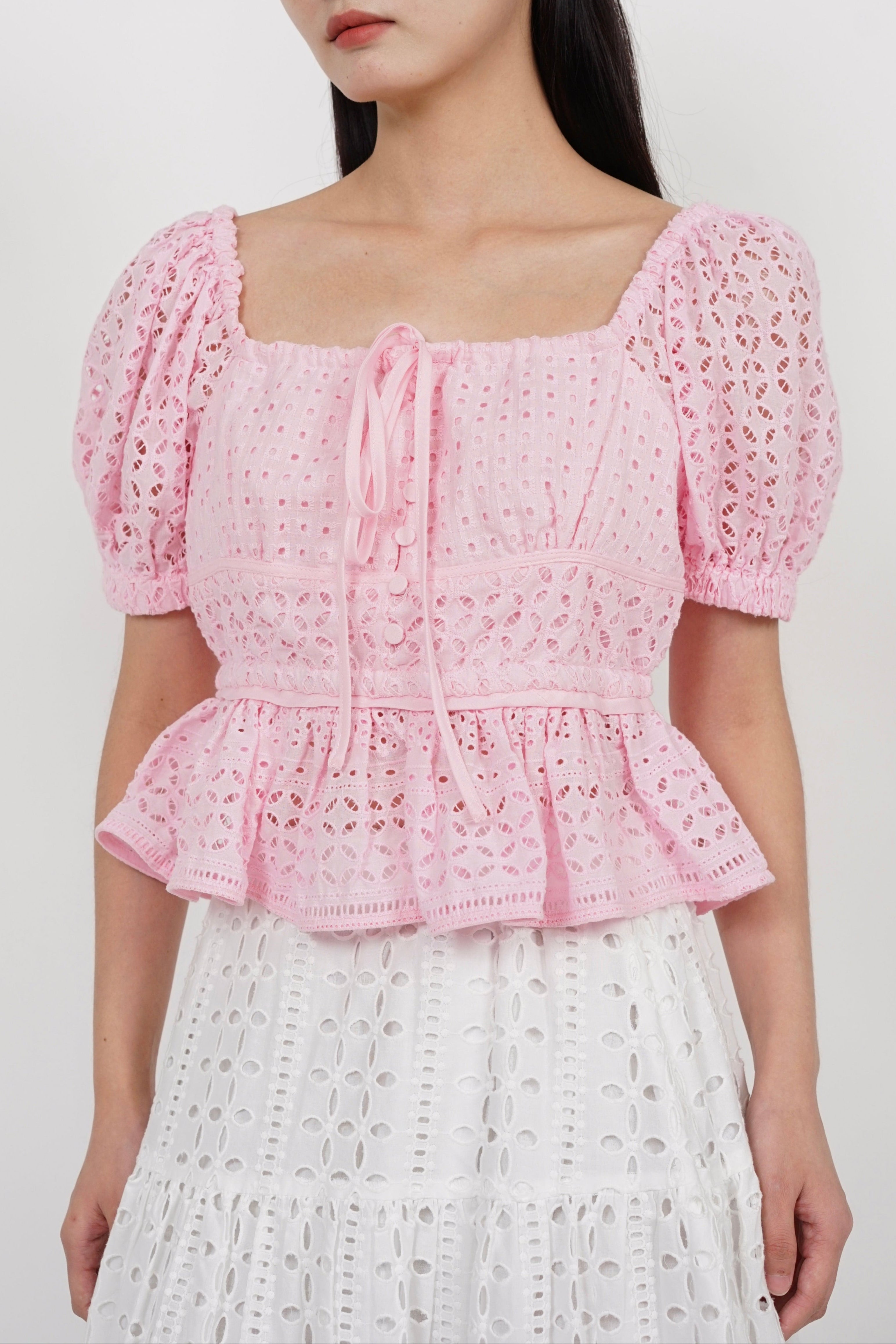 Puff Sleeve Eyelet Top in Pink