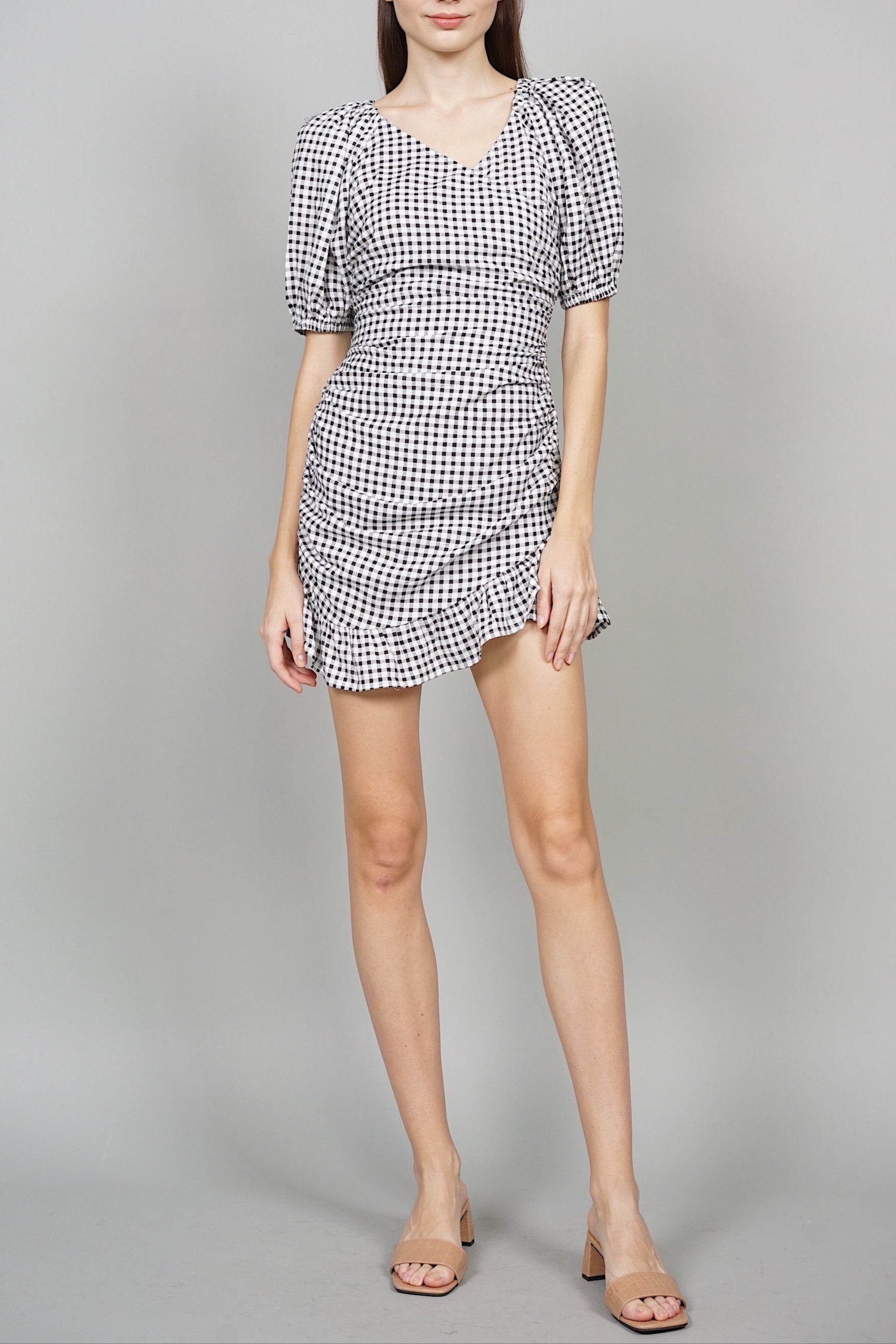 Joy Puffy Skorts Romper in Black Gingham