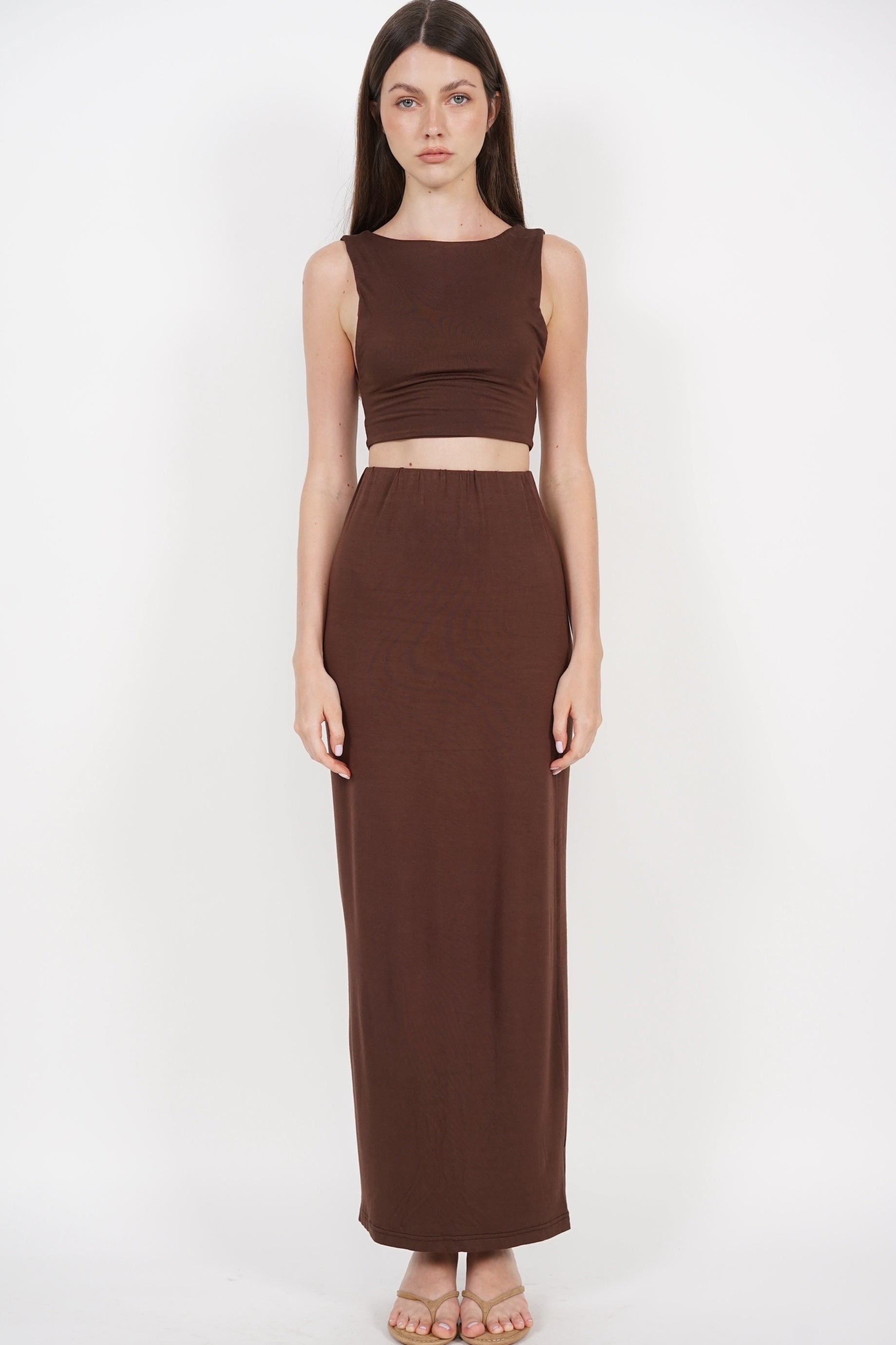 Back Slit Pencil Skirt in Chocolate