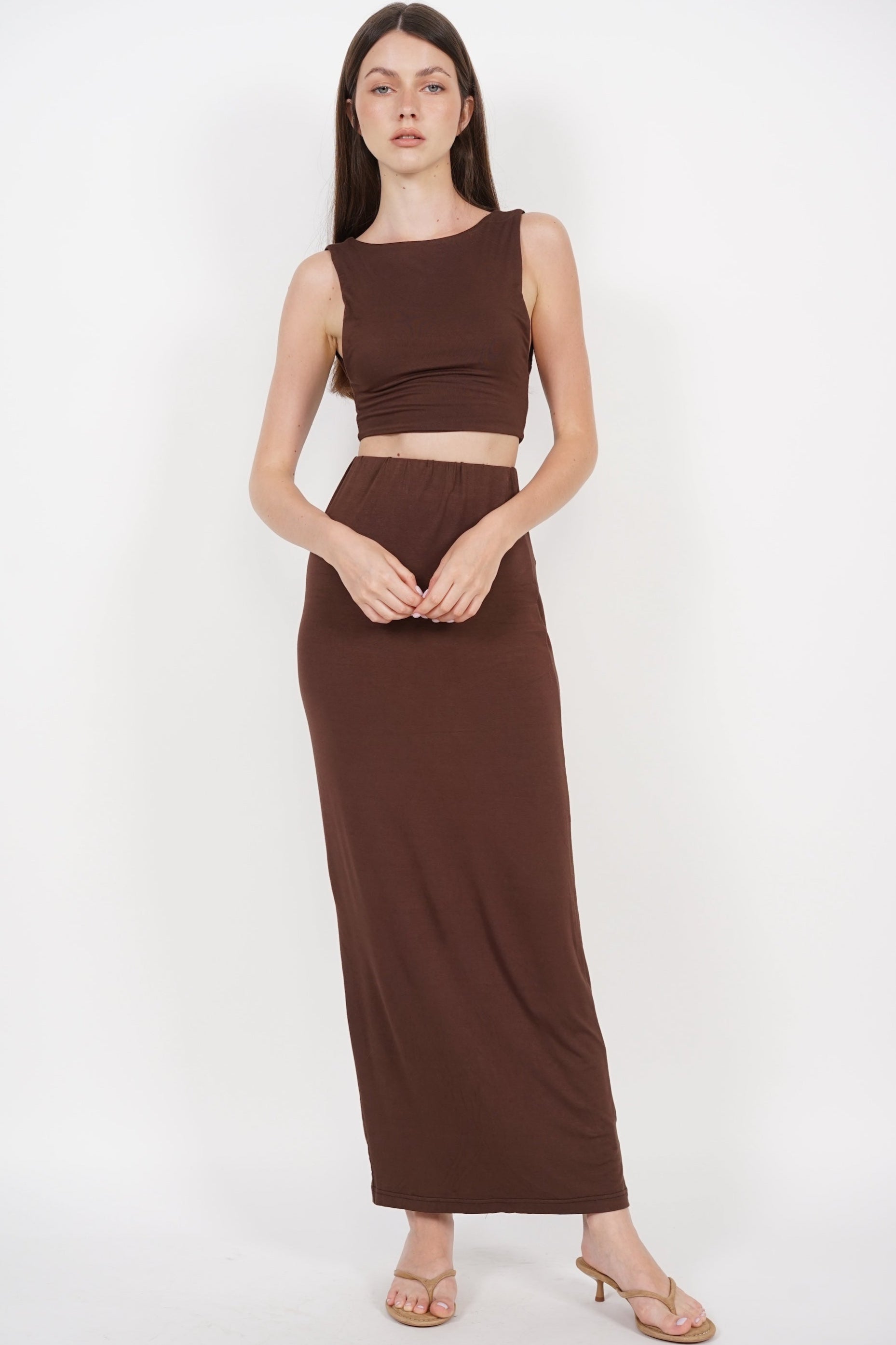 Back Slit Pencil Skirt in Chocolate