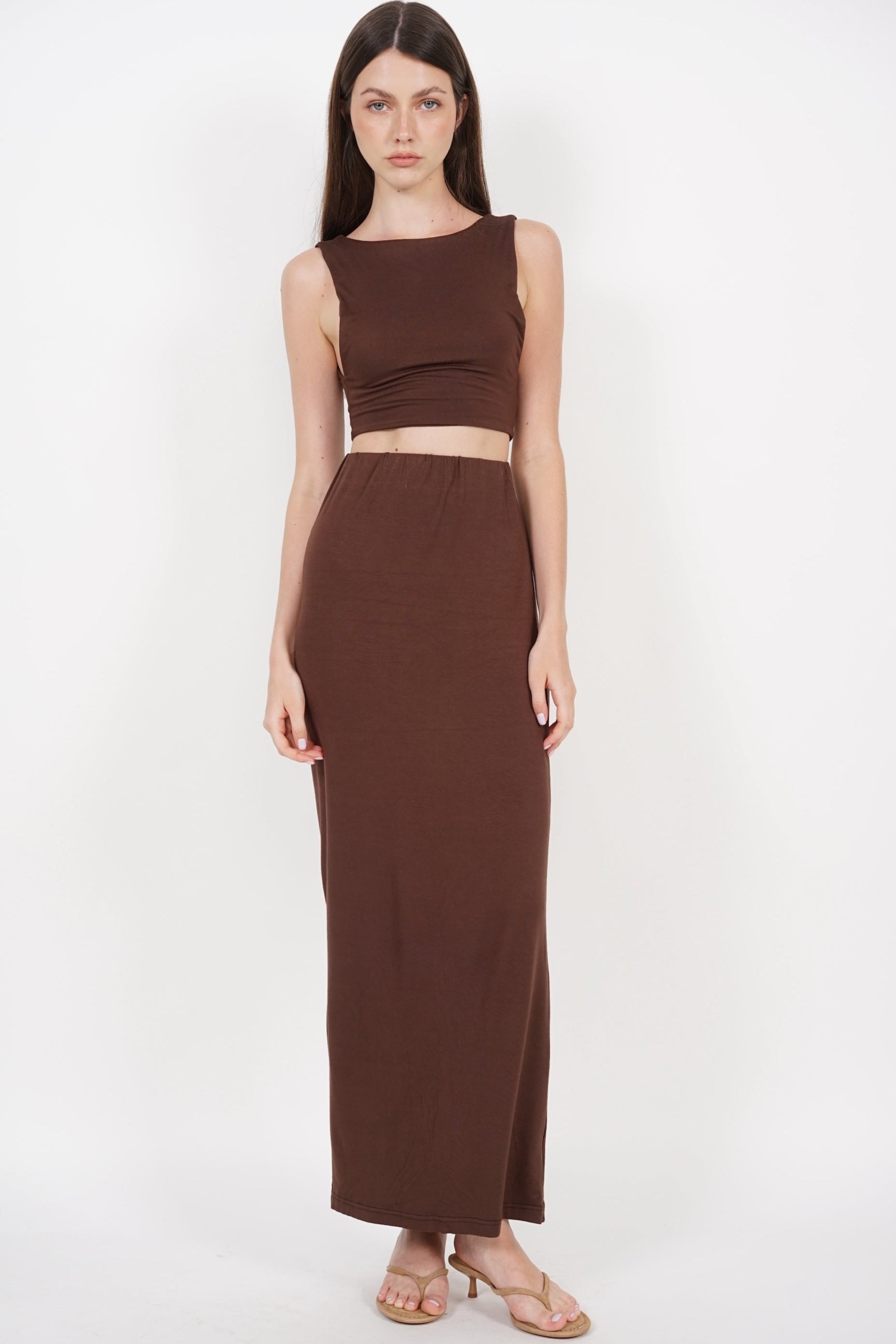 Back Slit Pencil Skirt in Chocolate