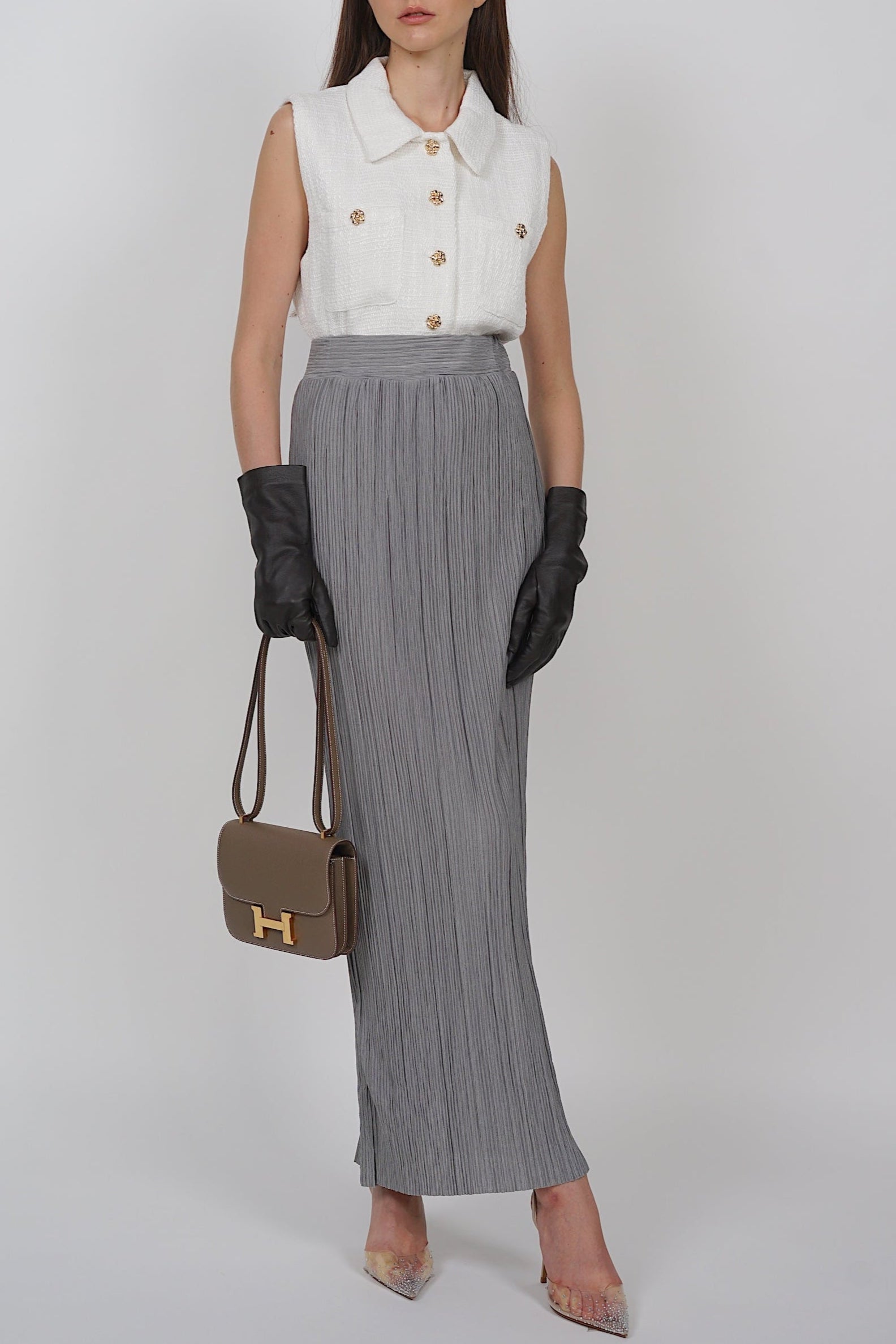 Plisse Pleated Skirt in Grey