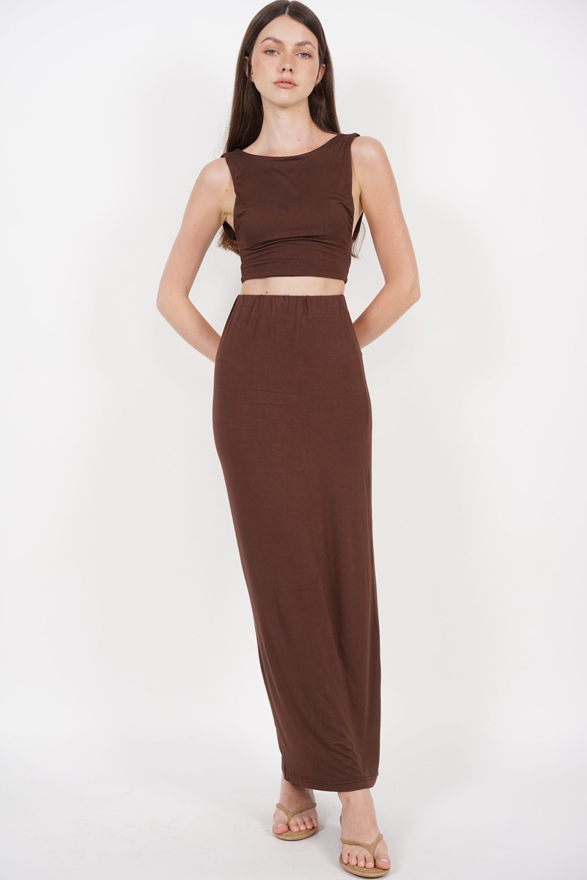 Back Slit Pencil Skirt in Chocolate