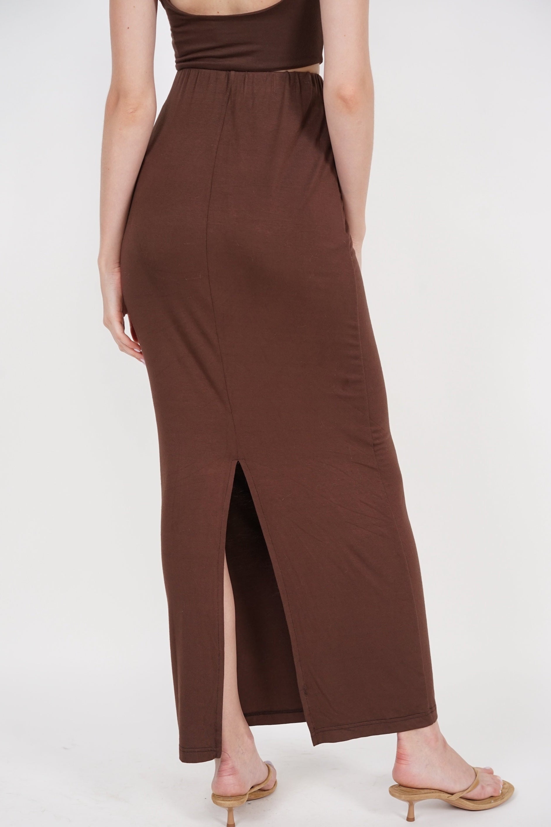 Back Slit Pencil Skirt in Chocolate