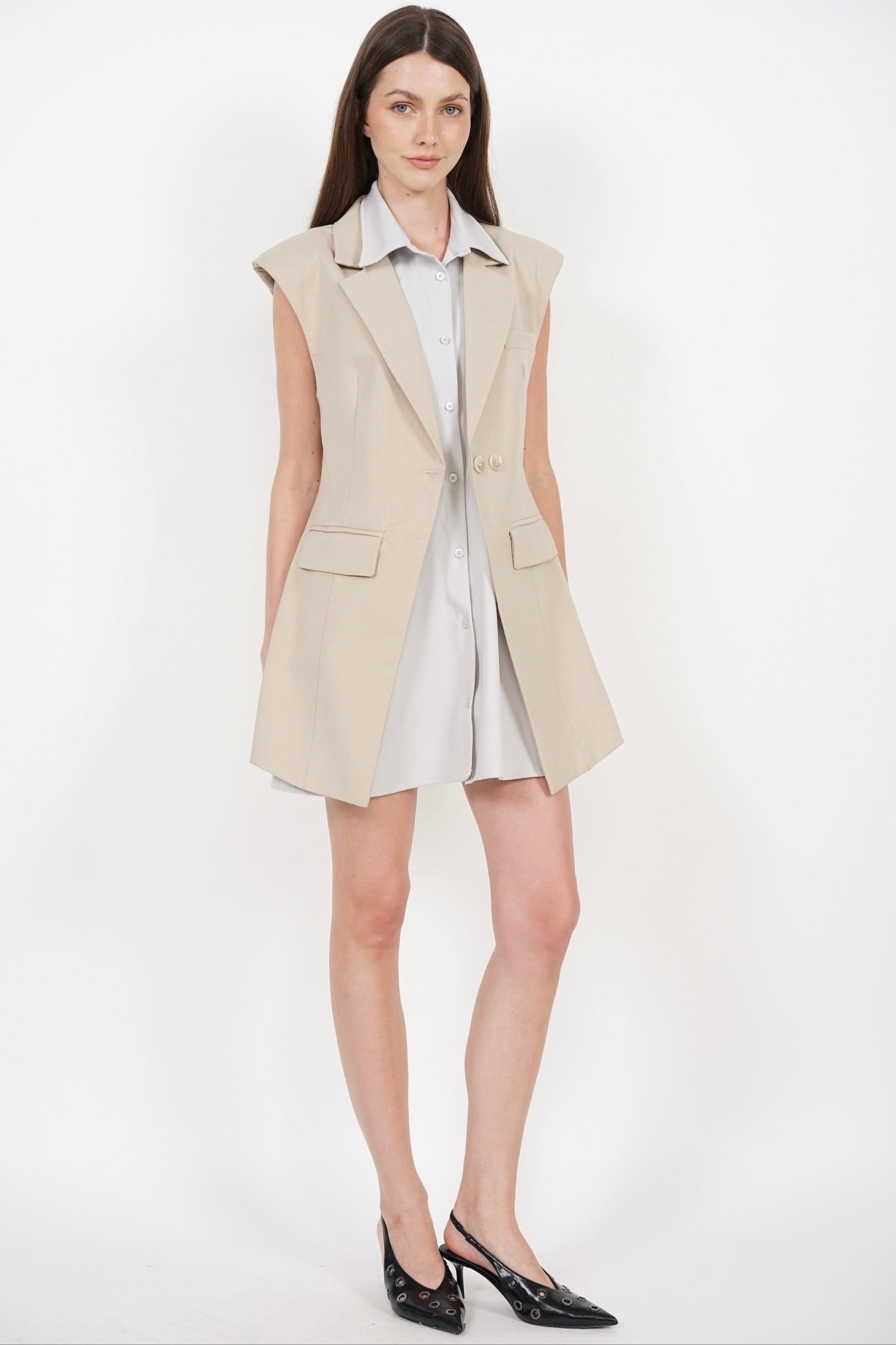 Layered Vest Top in Beige Grey