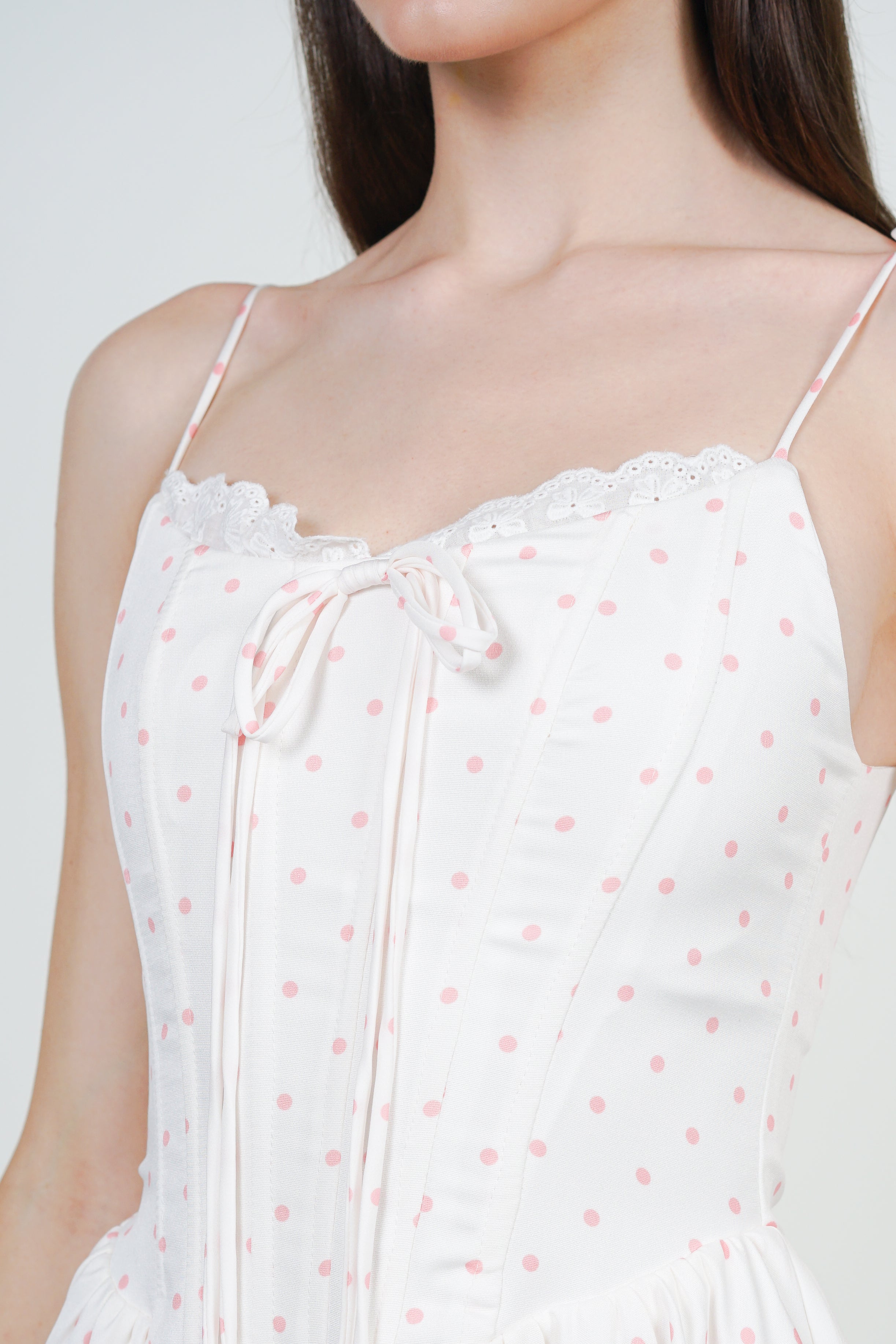 Tie-Up Strap Mini Dress in White Polka Dots