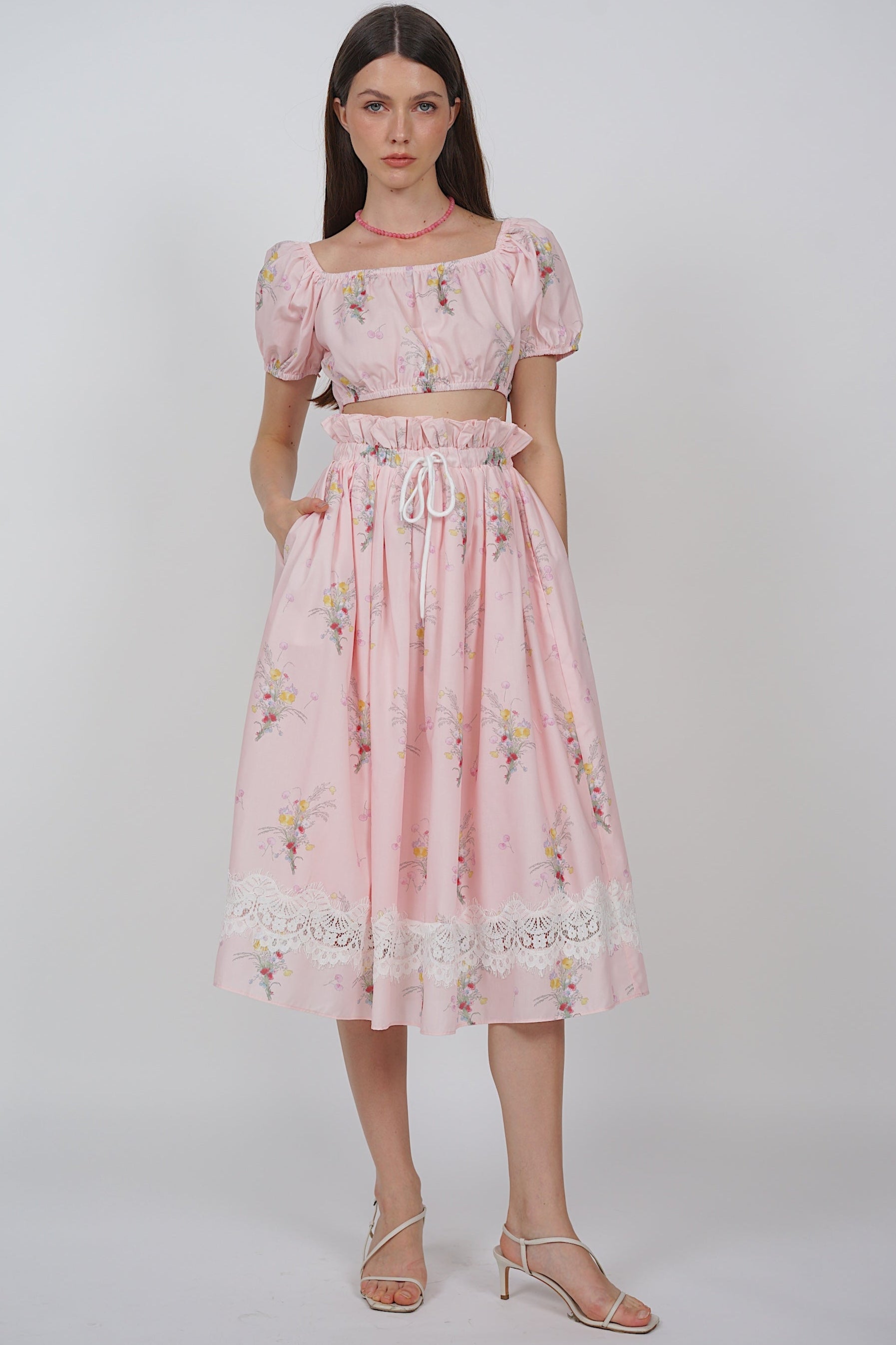 Gathered Elastic Waist Skirt in Pink Floral