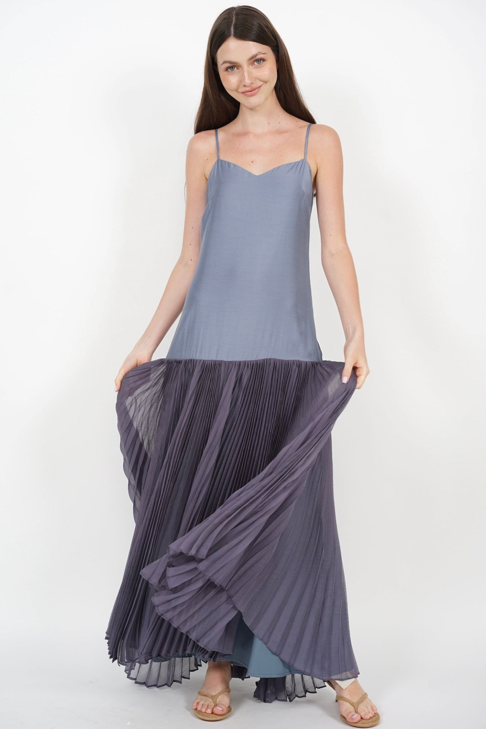 Pleated Flowy Dress in Dusty Blue