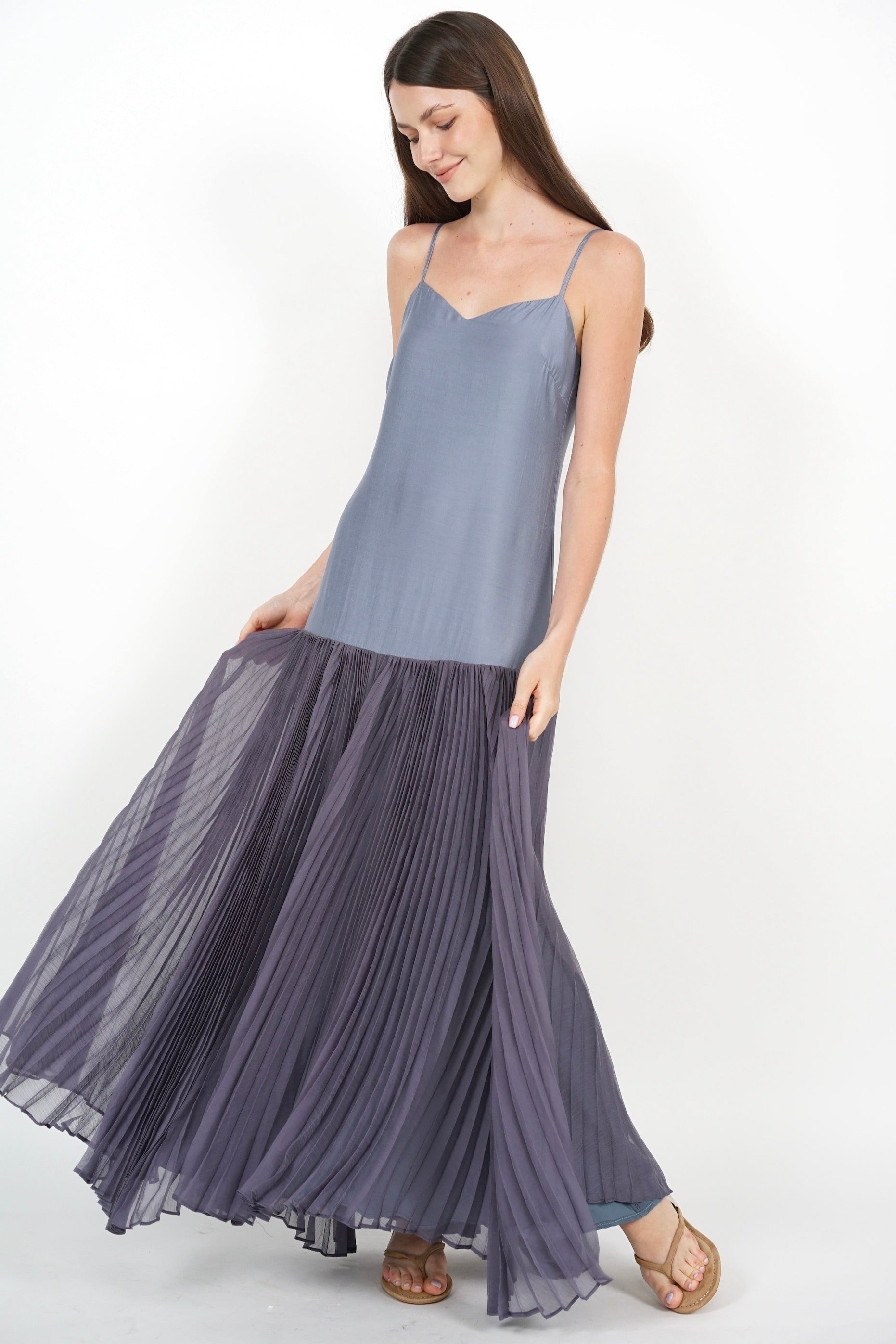 Pleated Flowy Dress in Dusty Blue
