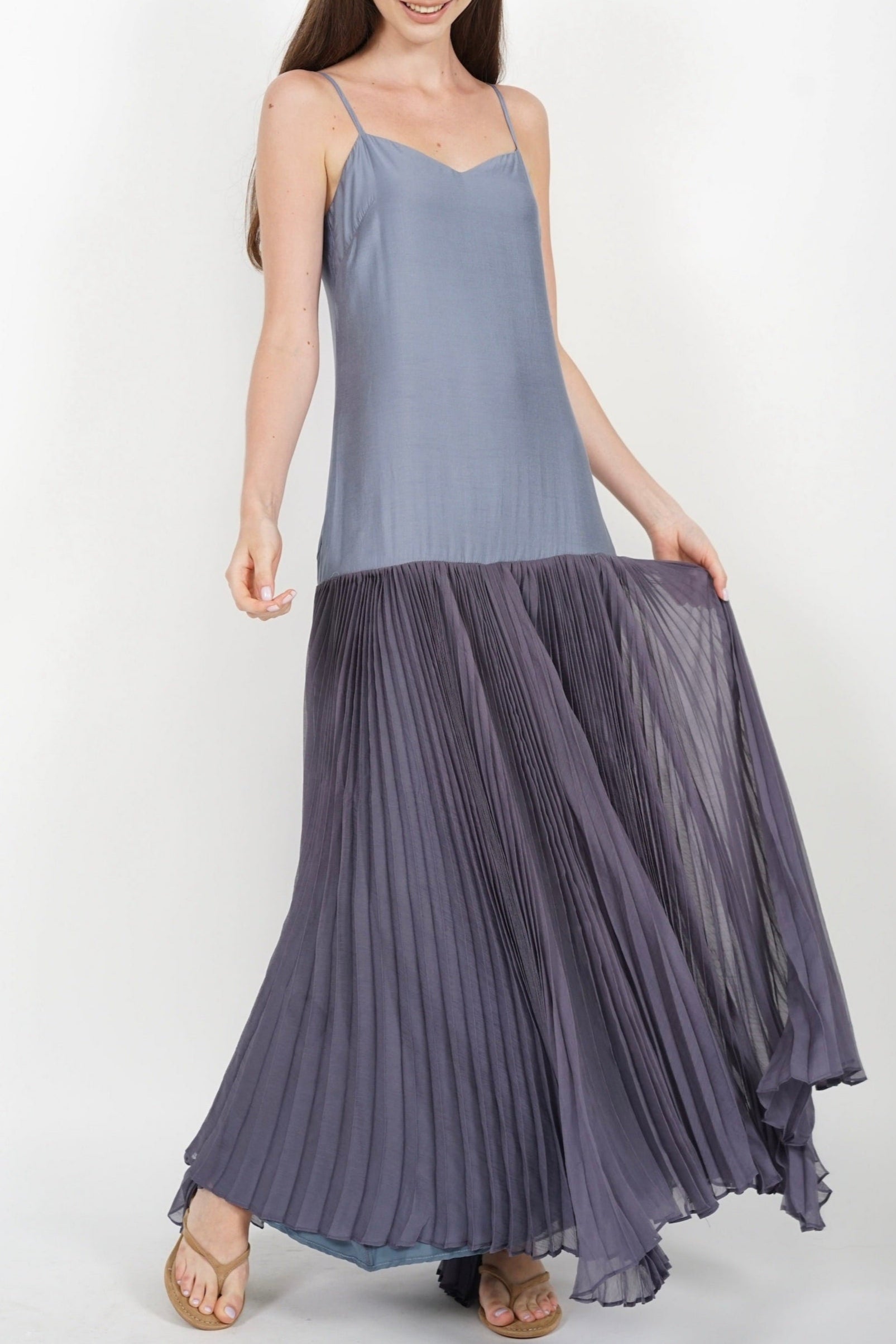 Pleated Flowy Dress in Dusty Blue