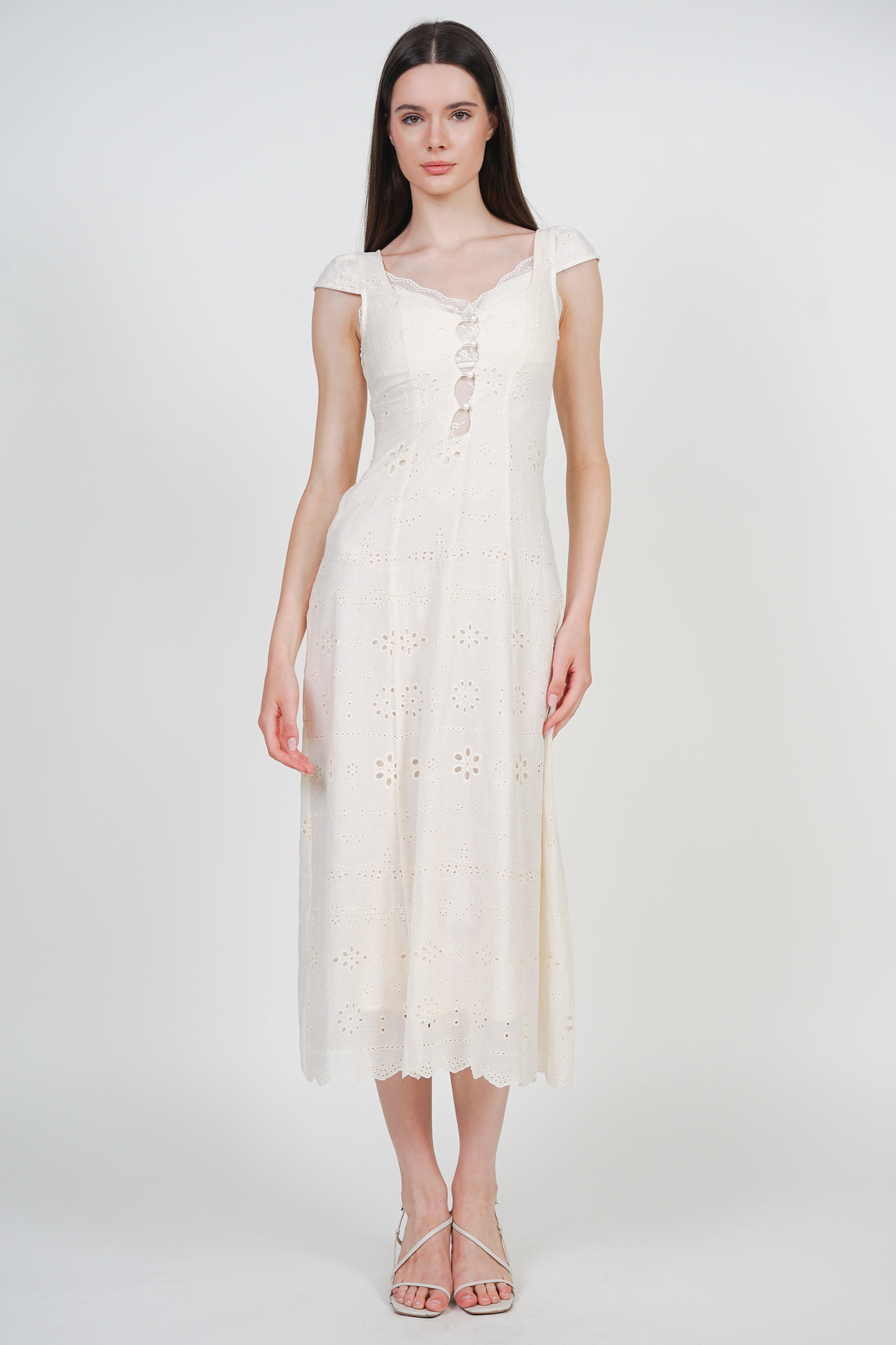 Crochet Lace A-line Long Dress in Cream White