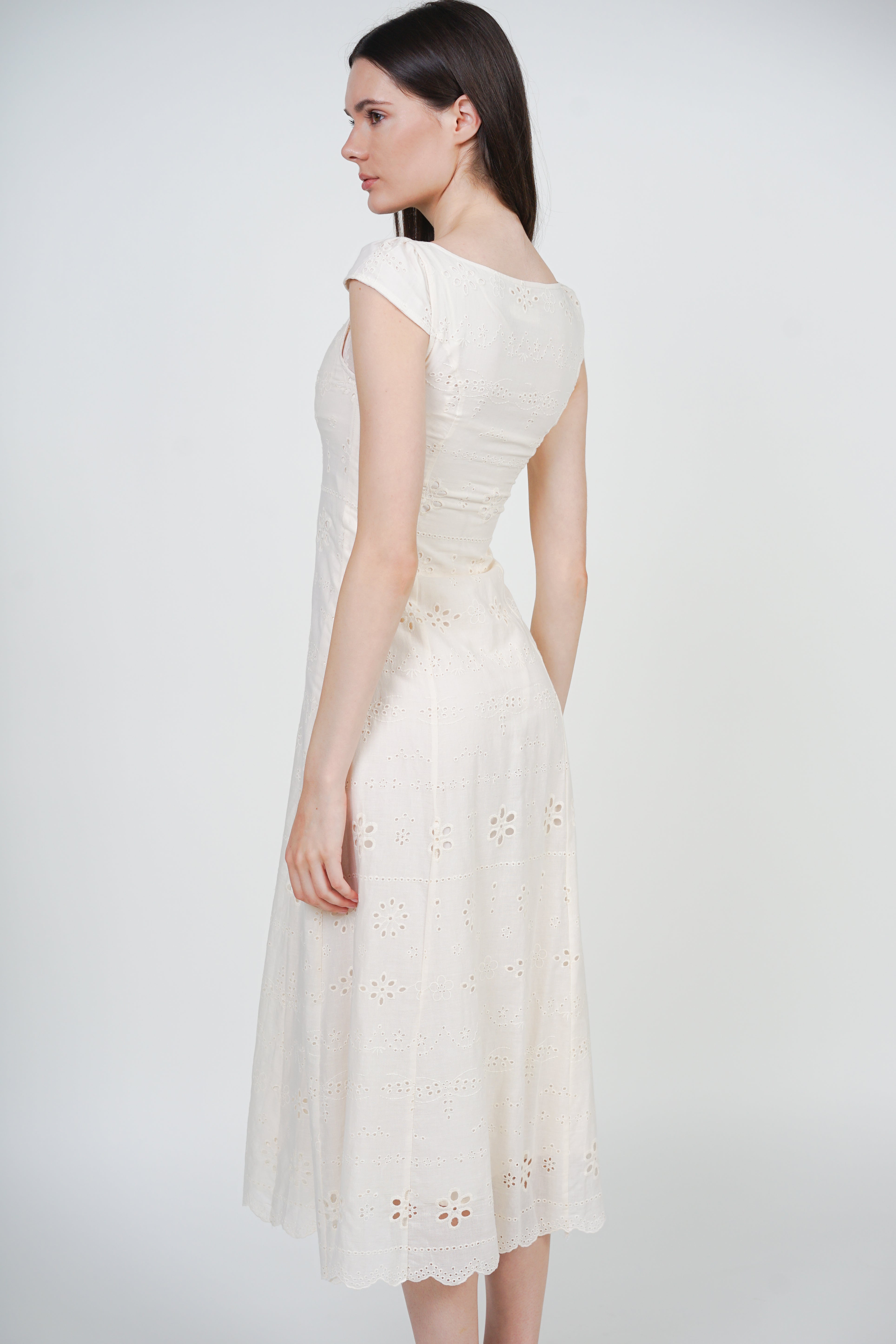 Crochet Lace A-line Long Dress in Cream White