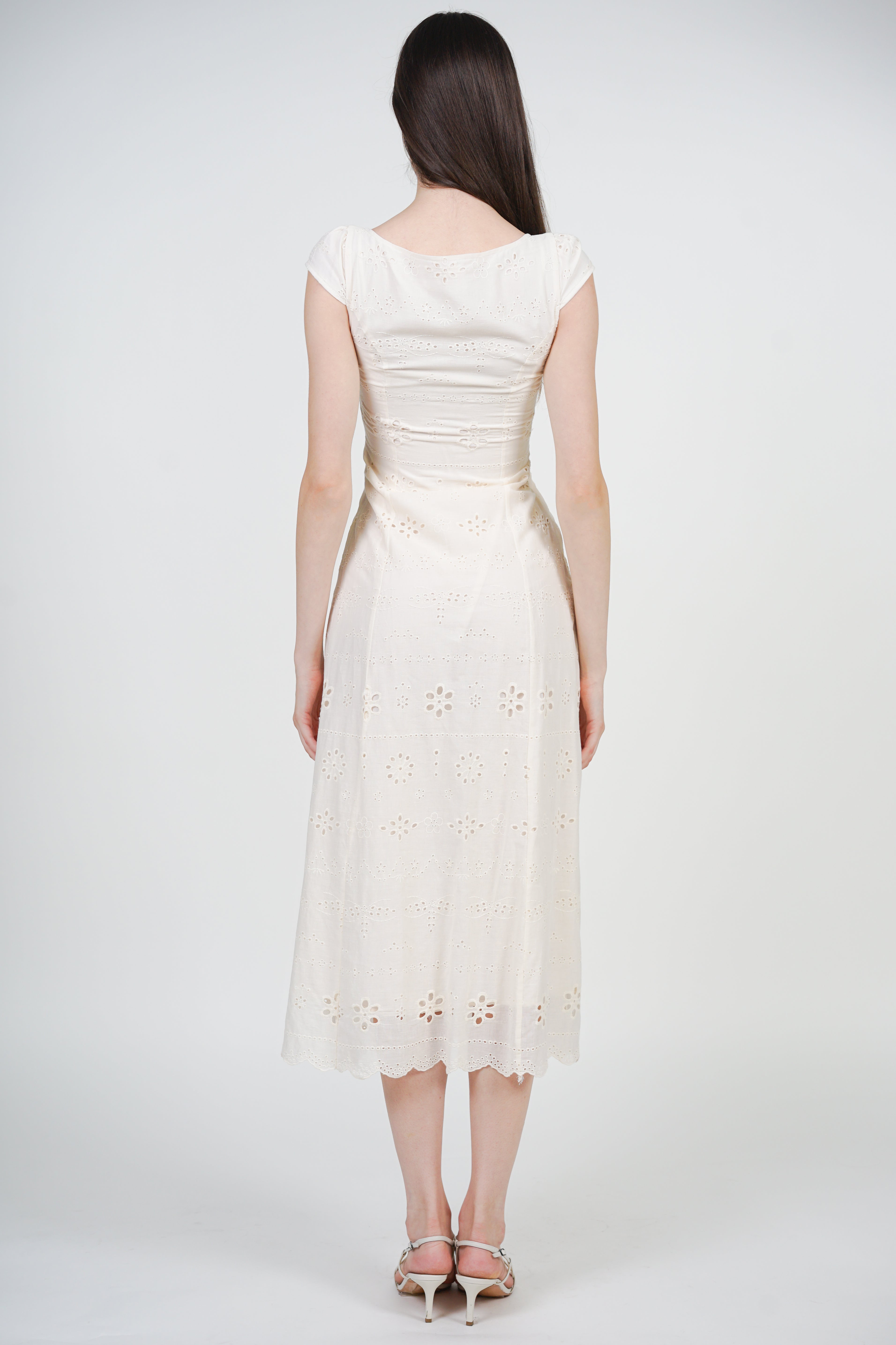 Crochet Lace A-line Long Dress in Cream White