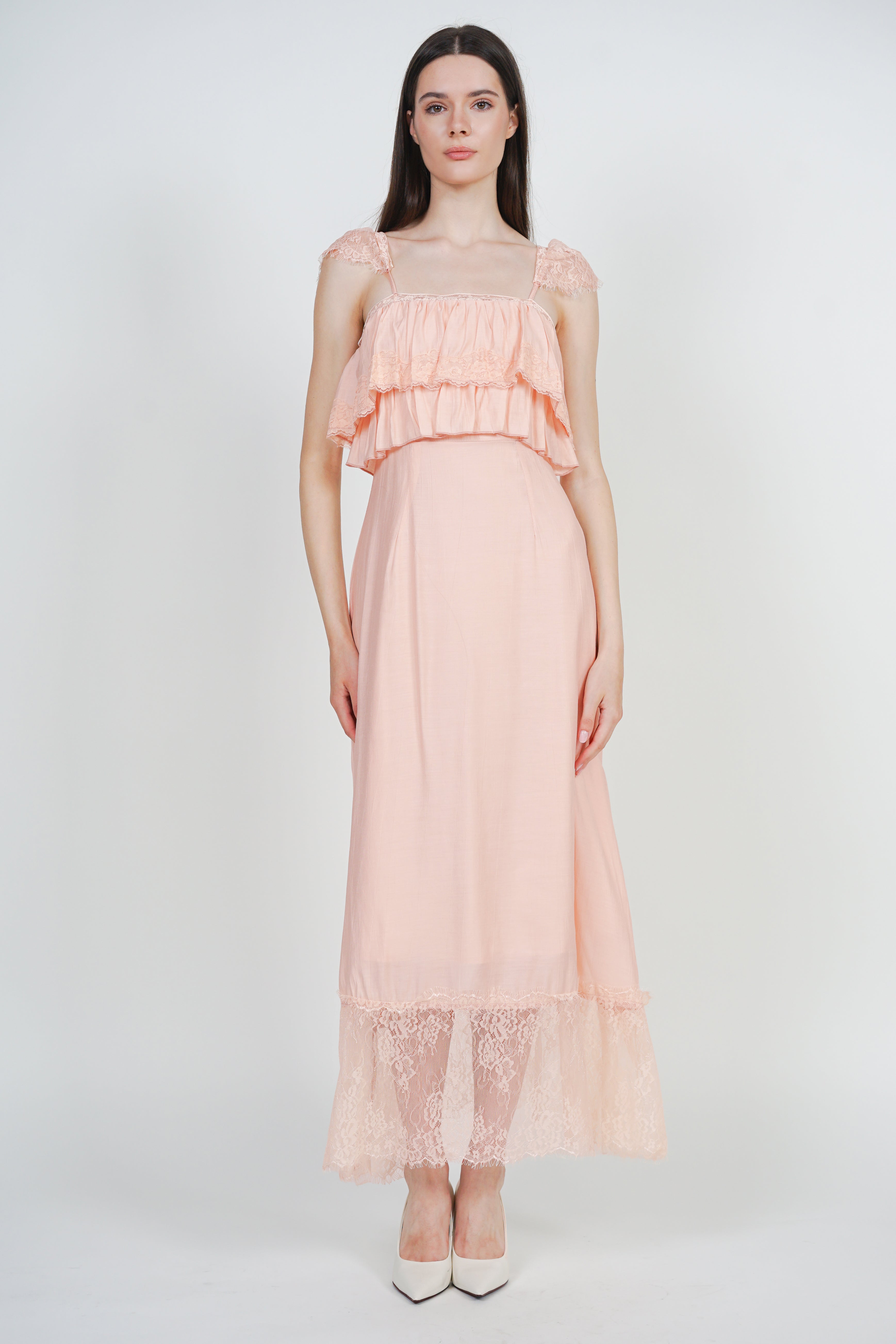 Tiered Ruffle A-line Lace Dress in Orange