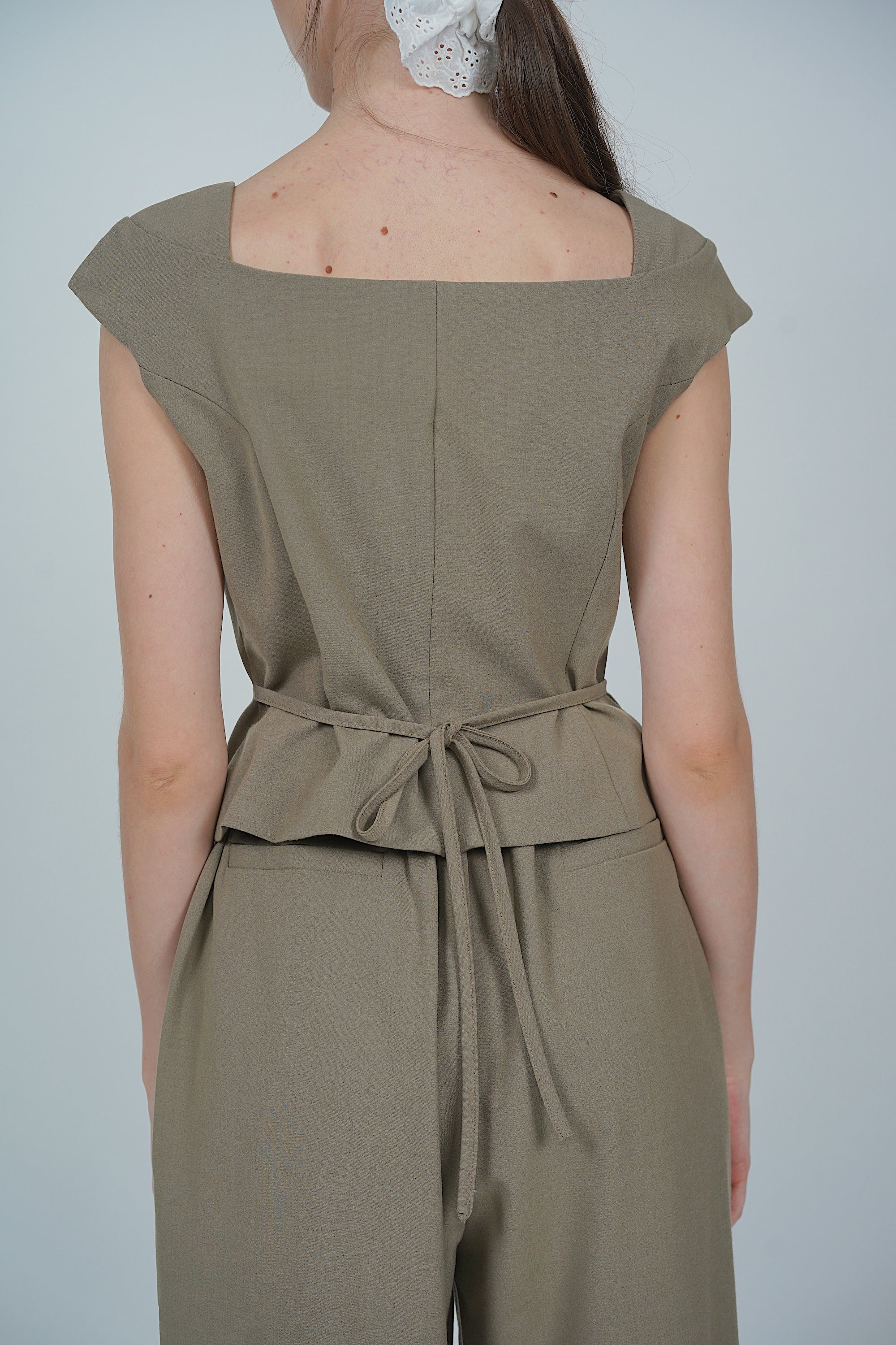 Square Neck Short Sleeve Top in Khaki