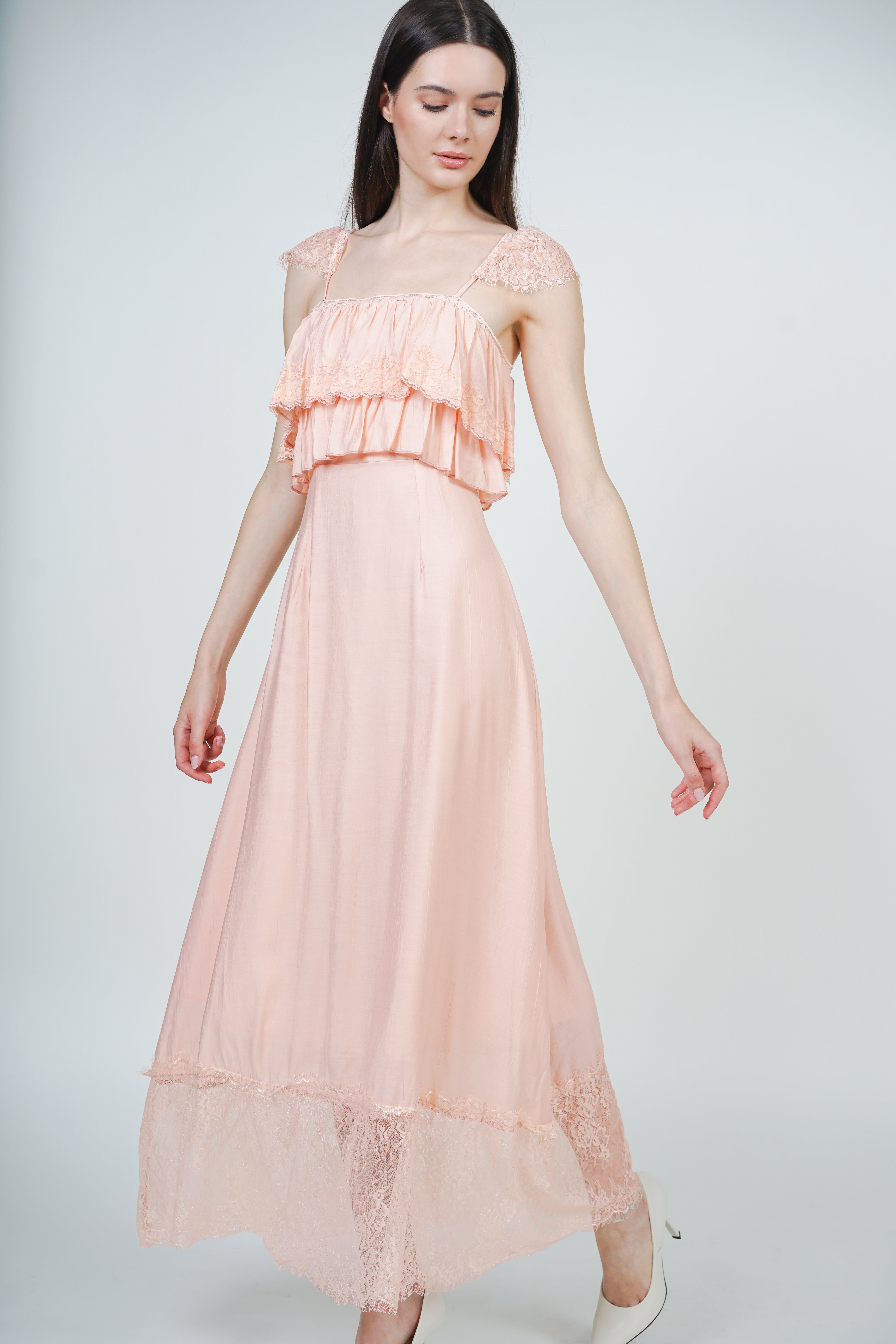 Tiered Ruffle A-line Lace Dress in Orange
