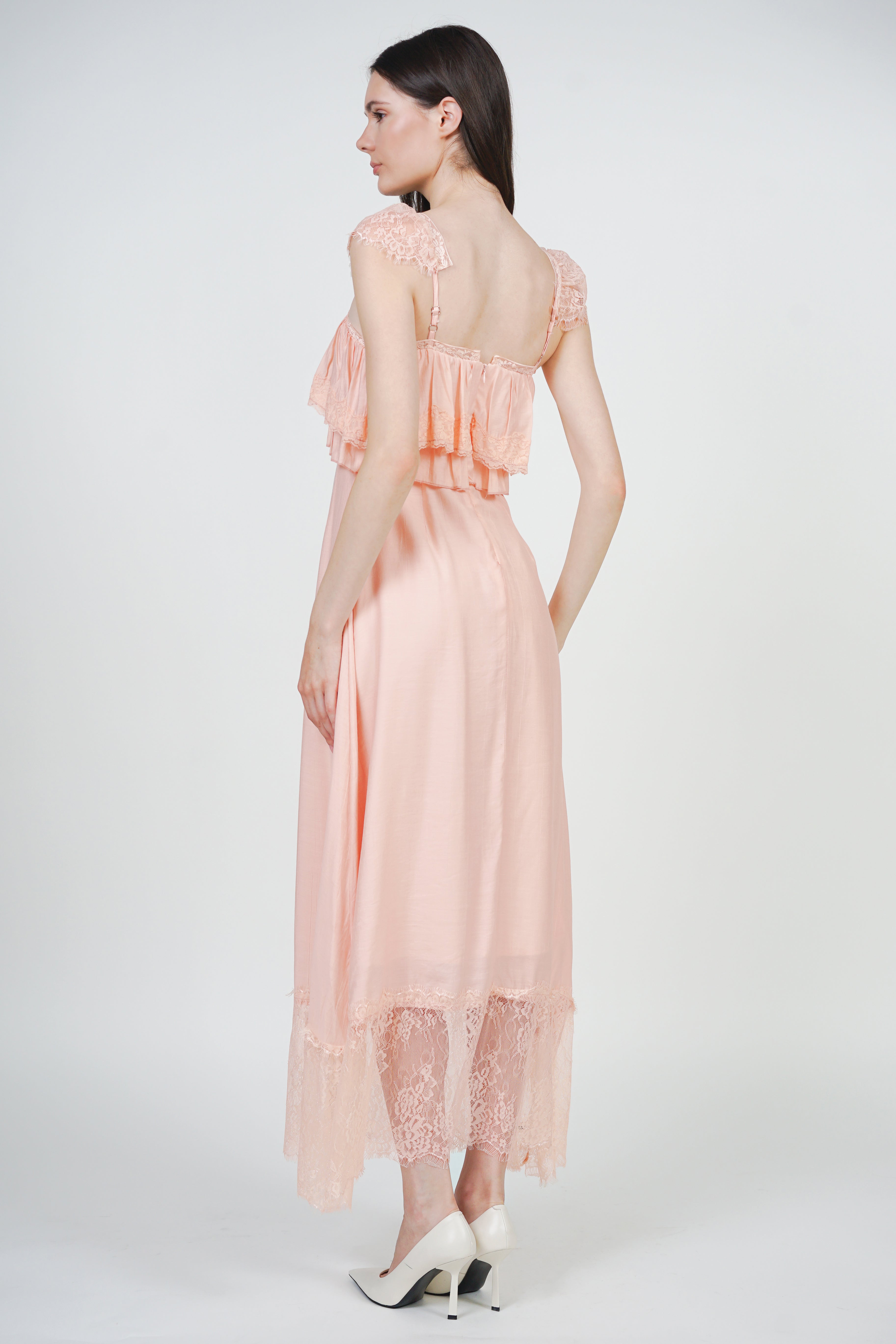 Tiered Ruffle A-line Lace Dress in Orange