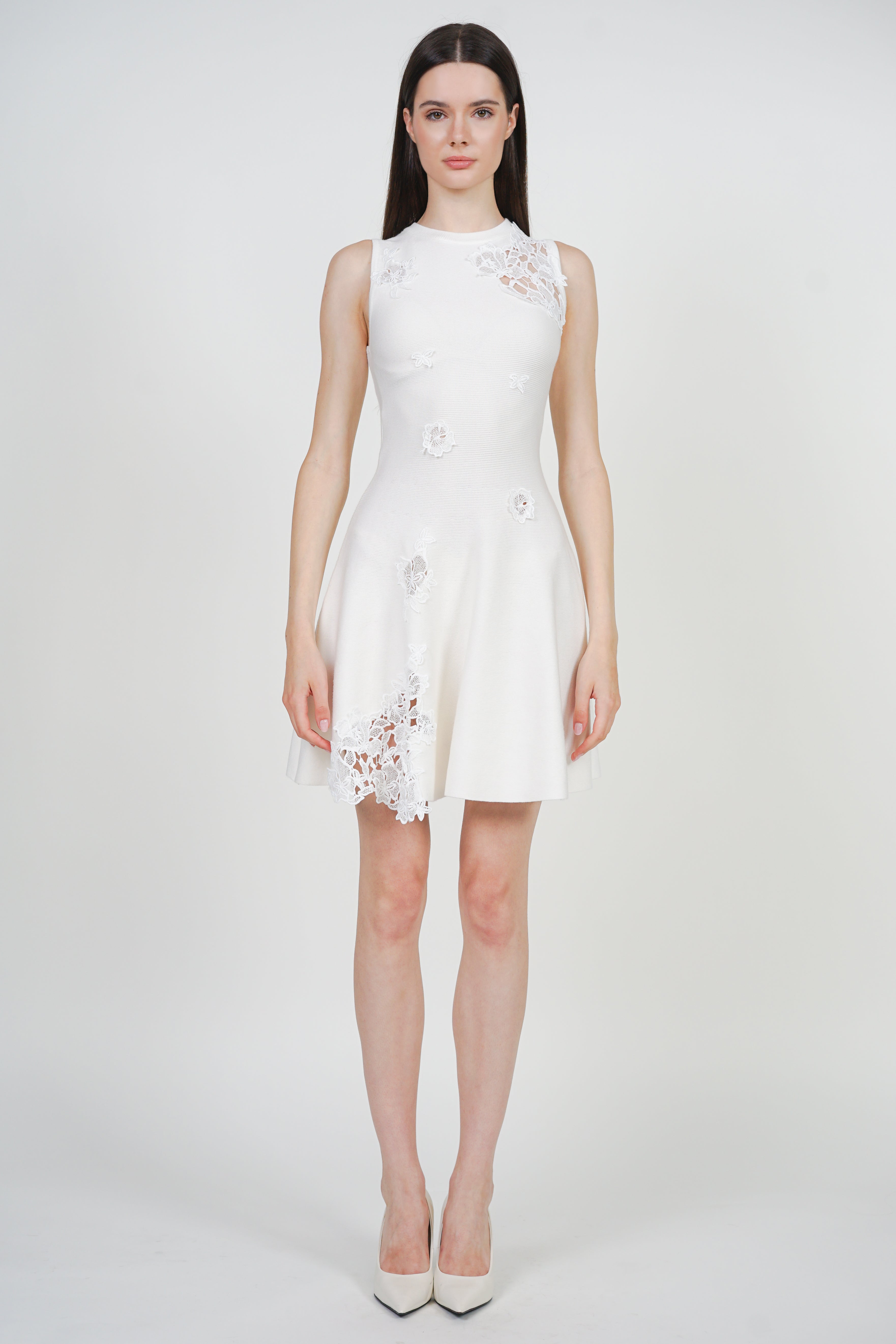 Knit Lace Crochet Flare Dress in White