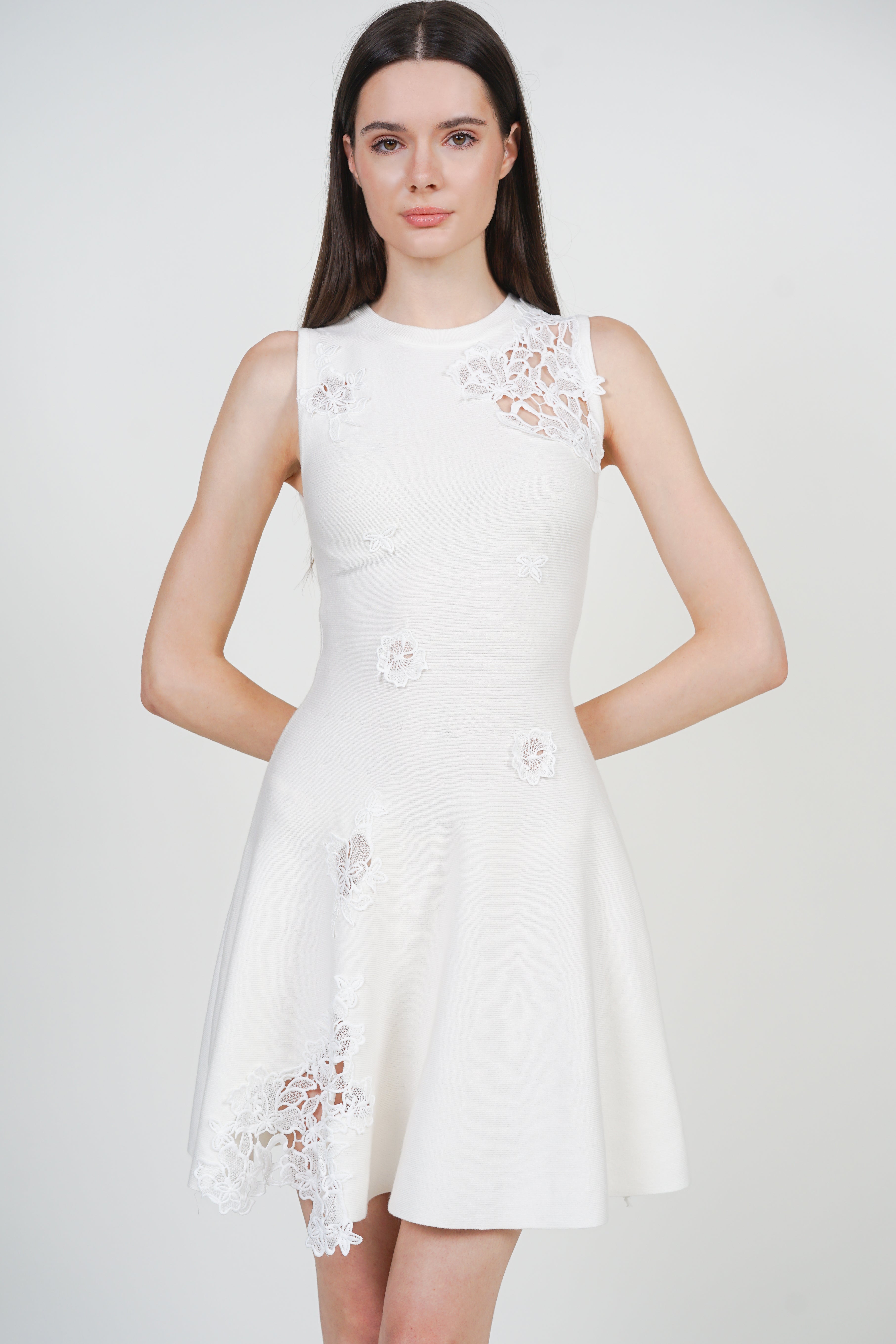 Knit Lace Crochet Flare Dress in White