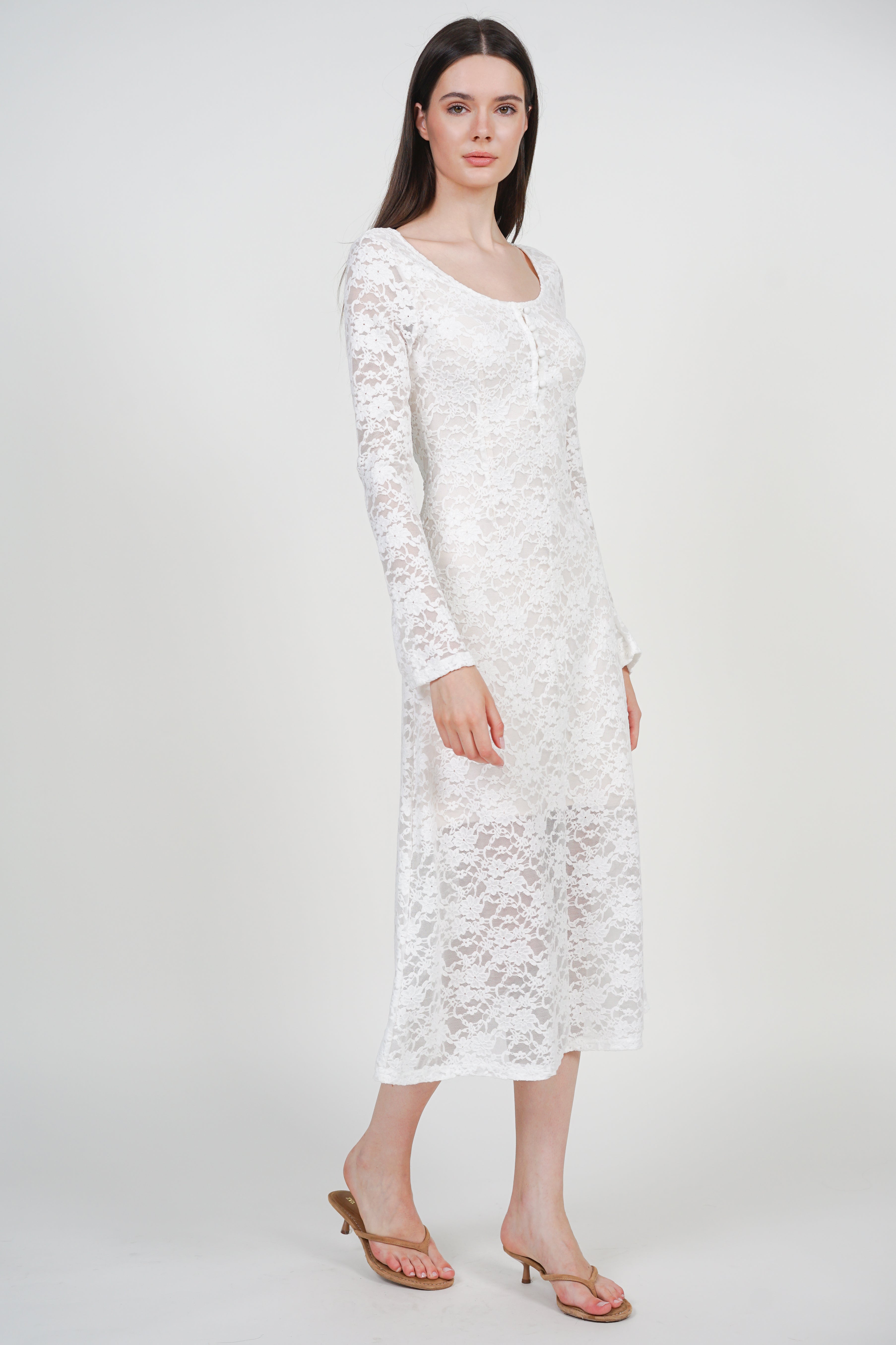 Bell Sleeve Form- Fitting Lace Long Dress in Ivory White
