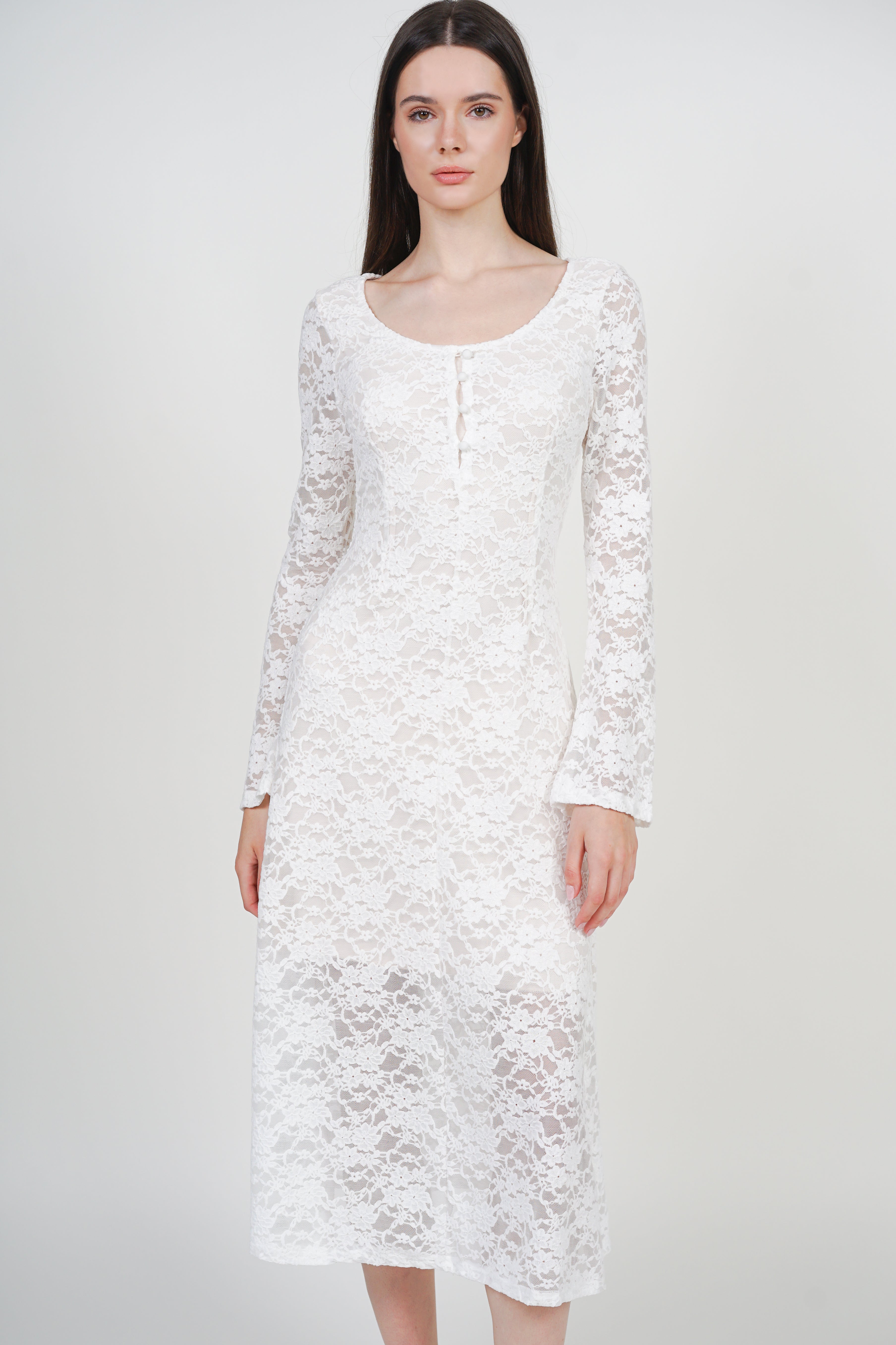 Bell Sleeve Form- Fitting Lace Long Dress in Ivory White