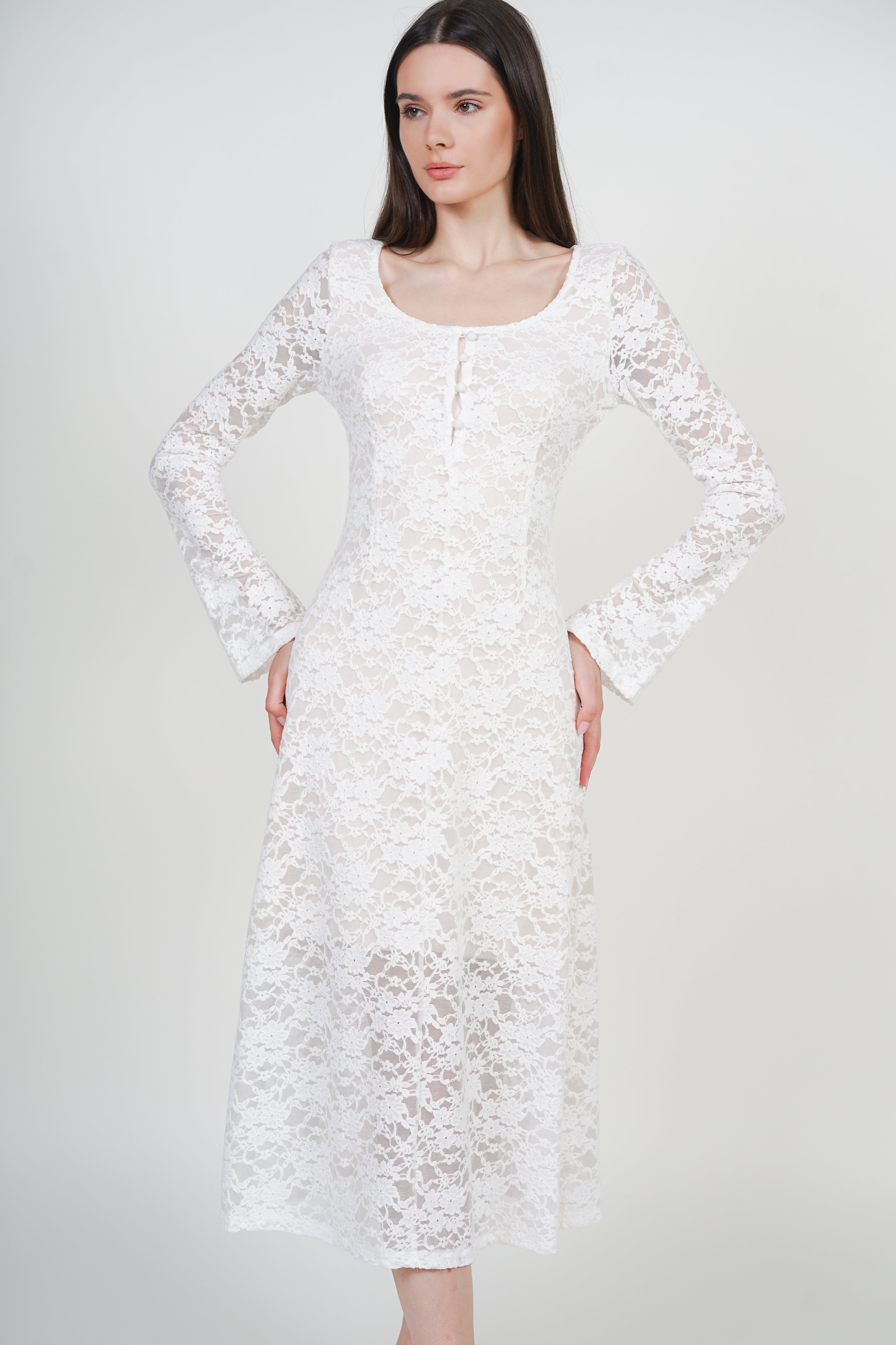 Bell Sleeve Form- Fitting Lace Long Dress in Ivory White