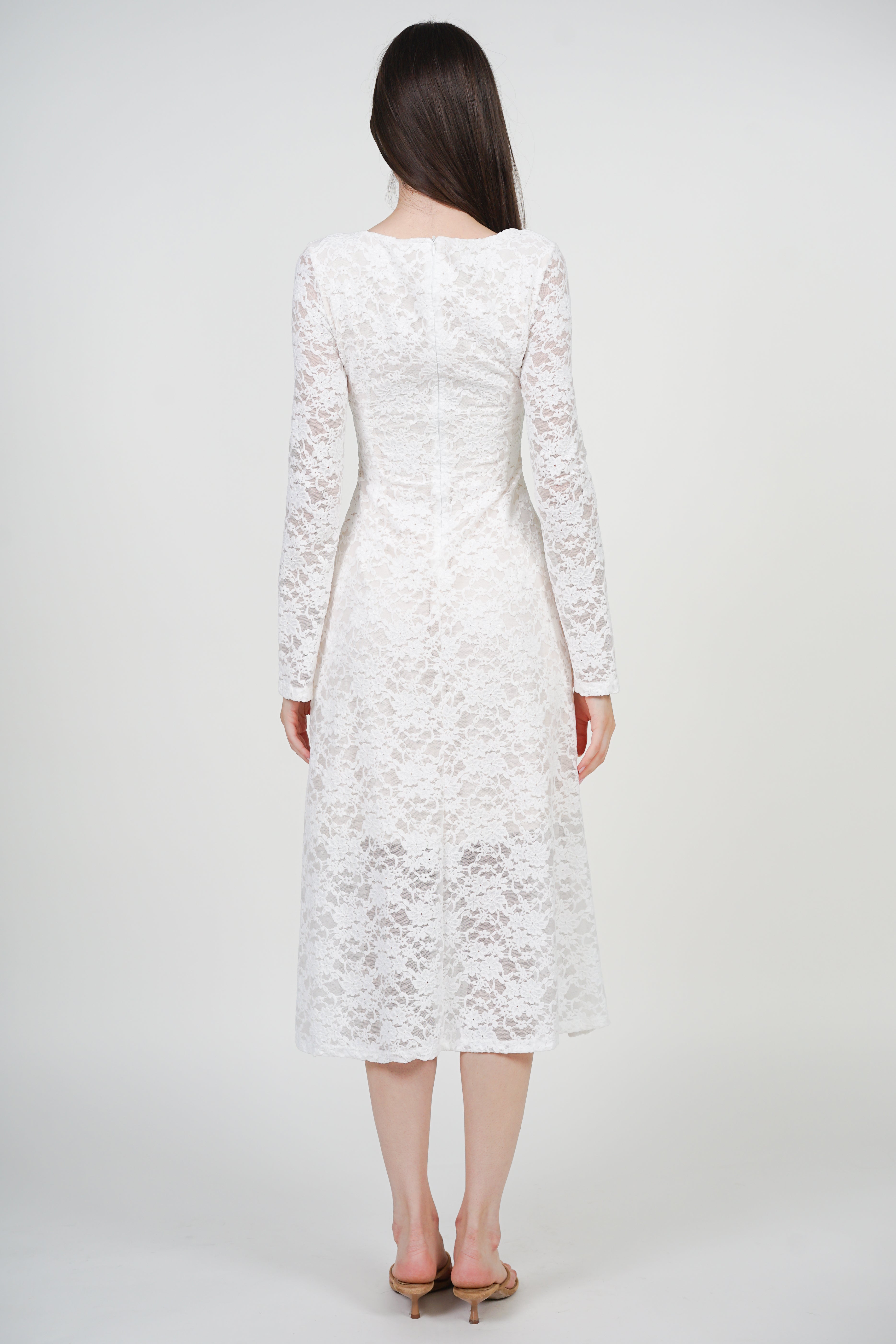 Bell Sleeve Form- Fitting Lace Long Dress in Ivory White
