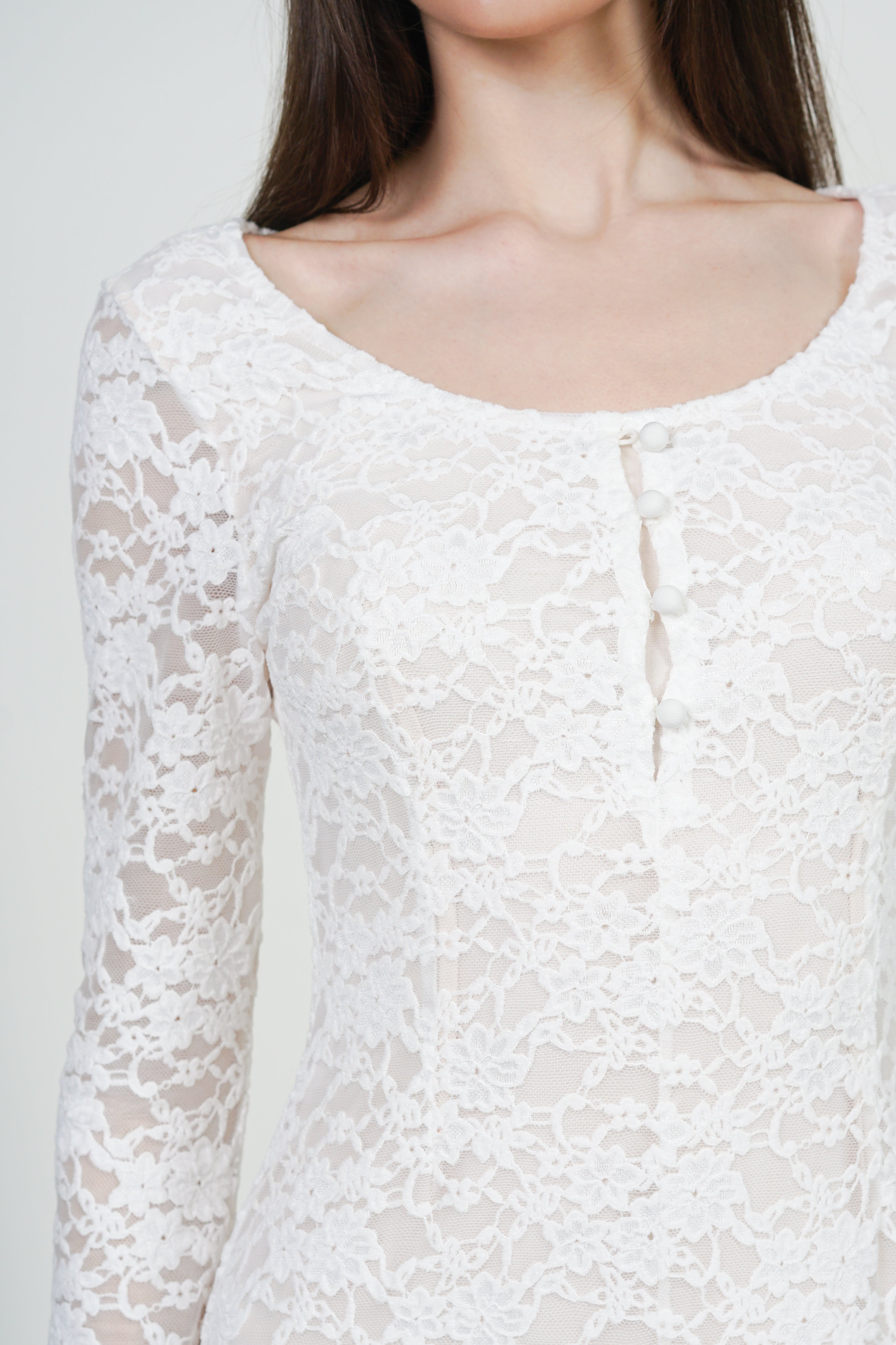 Bell Sleeve Form- Fitting Lace Long Dress in Ivory White