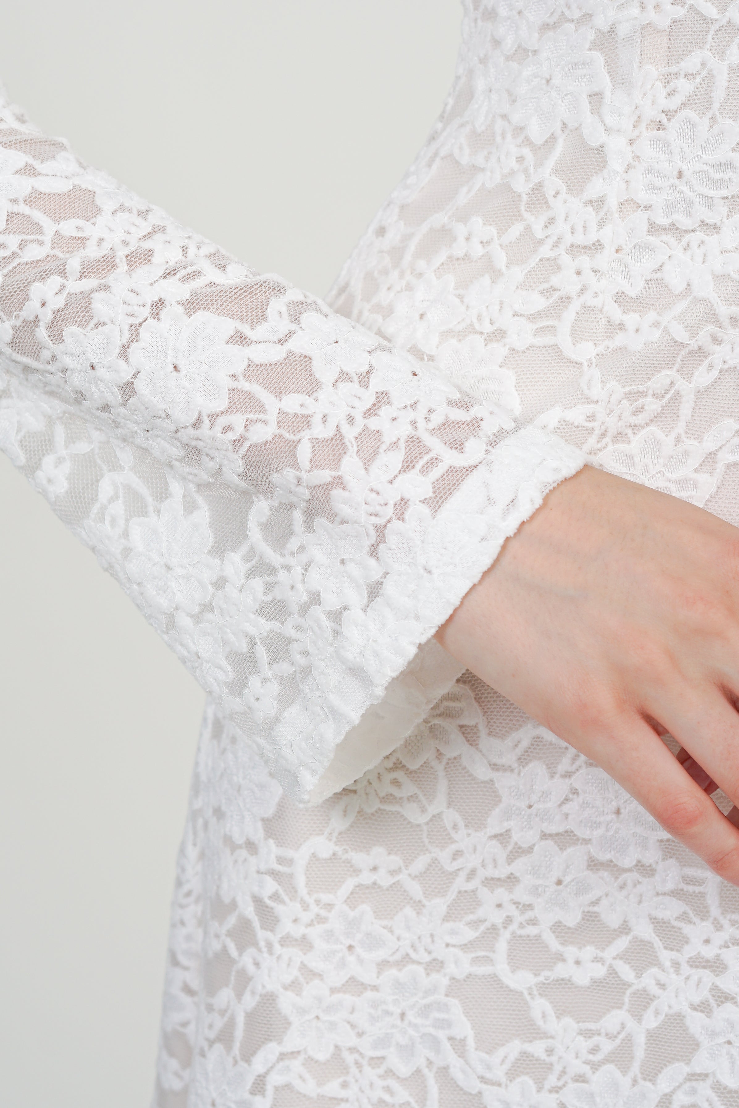 Bell Sleeve Form- Fitting Lace Long Dress in Ivory White