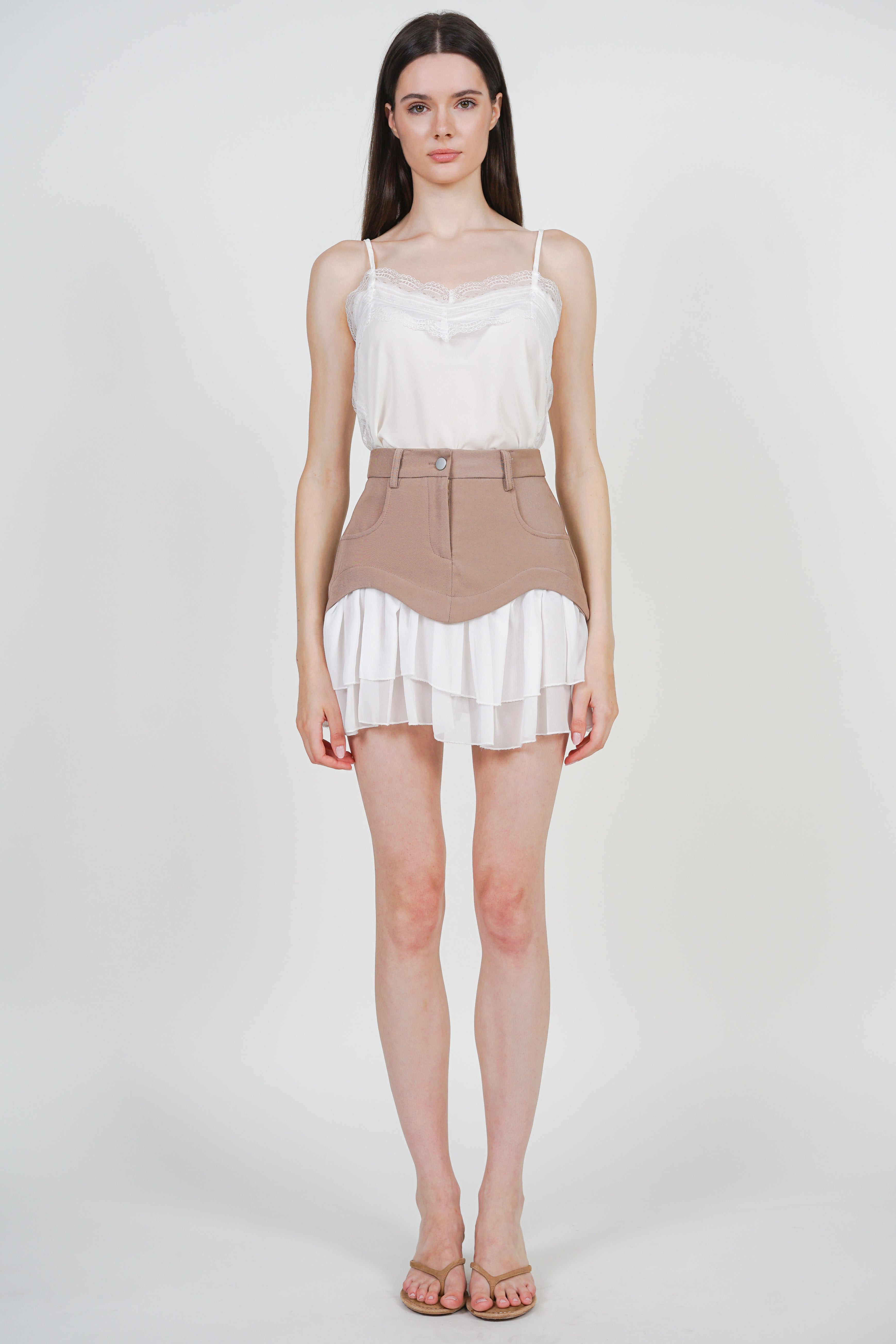 Flared Tiered Ruffle Skirt in Khaki