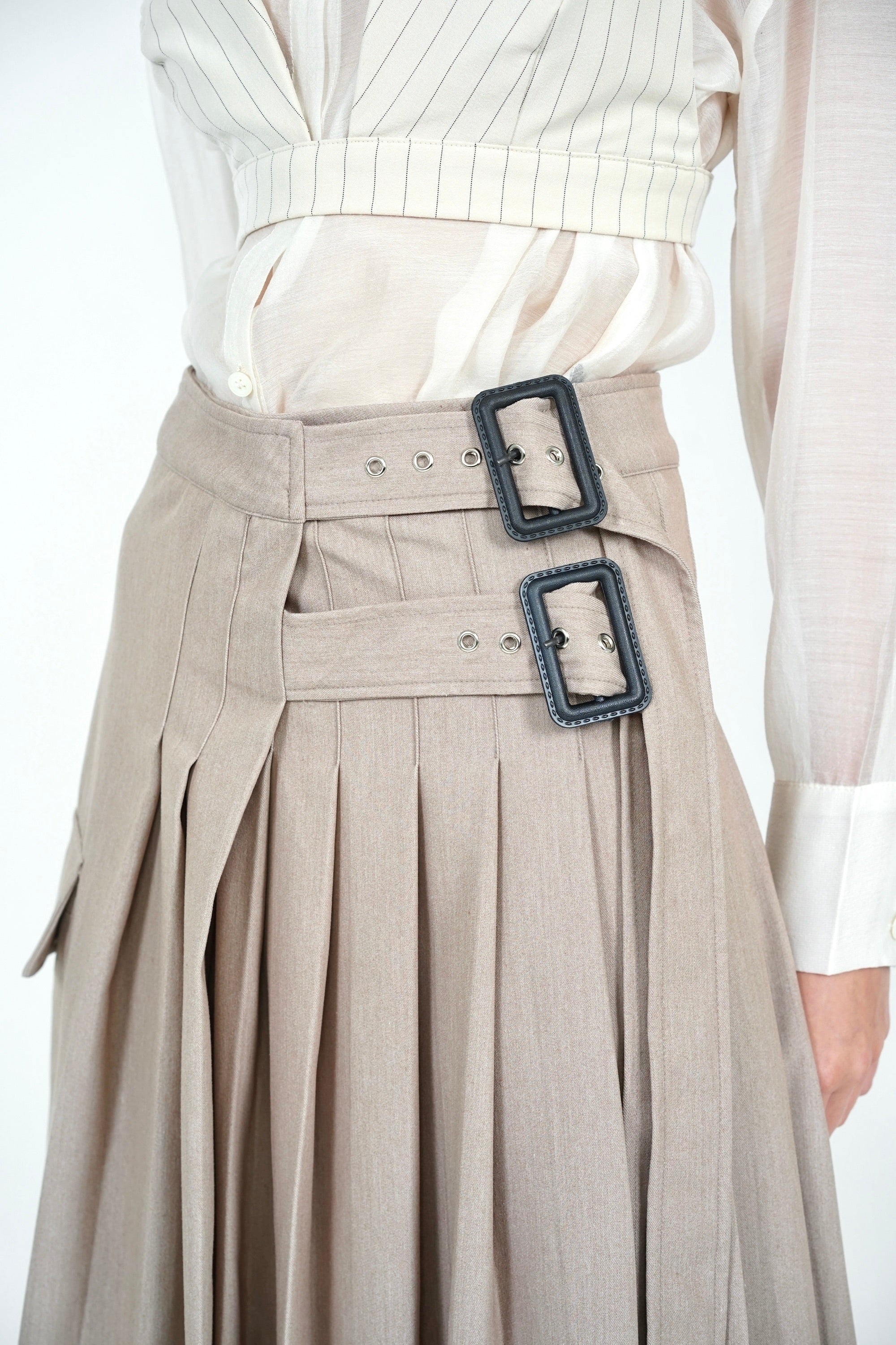 Pleated Buckle Midi Skirt in Khaki