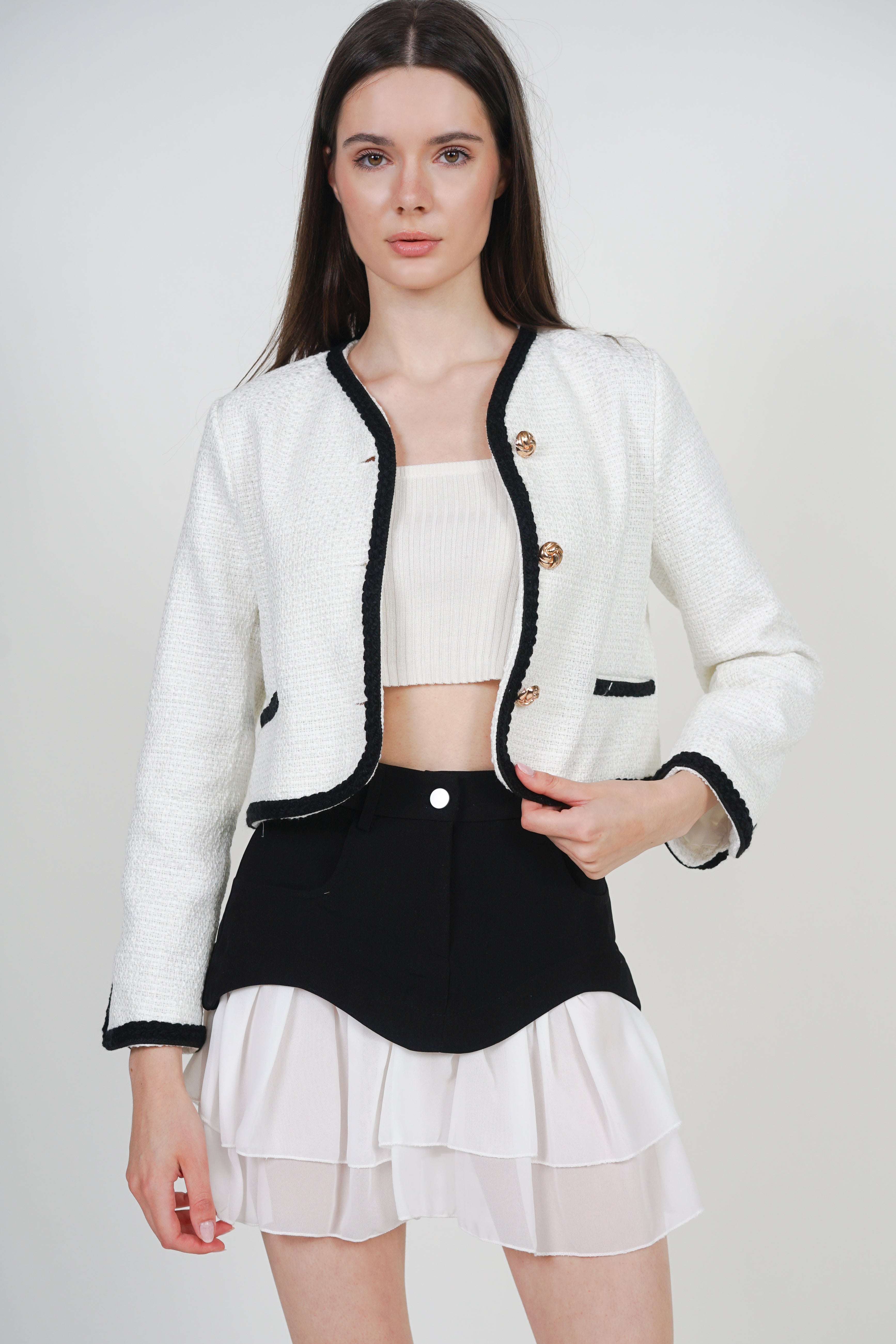 Boucle Tweed Jacket in White Black