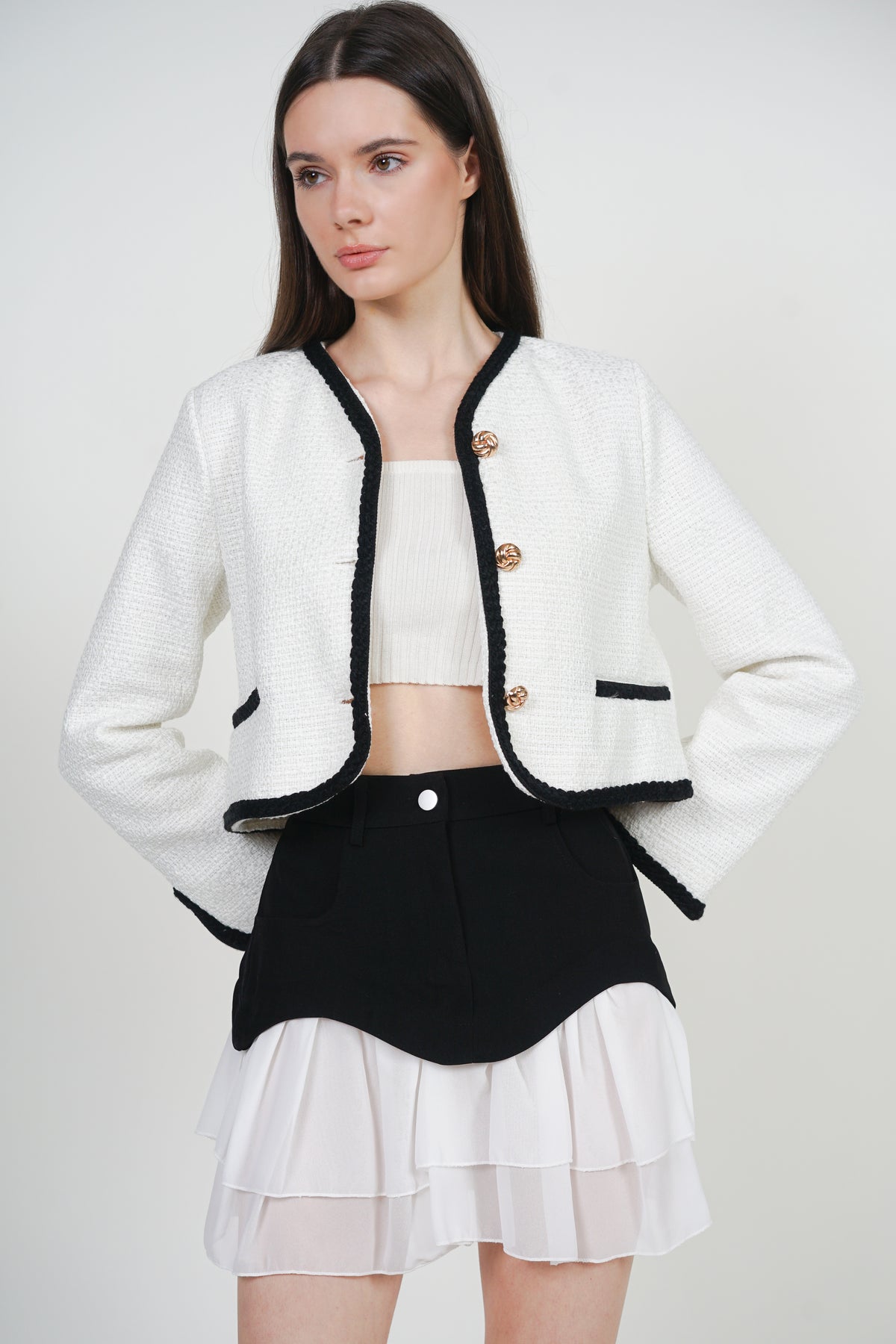 Boucle Tweed Jacket in White Black