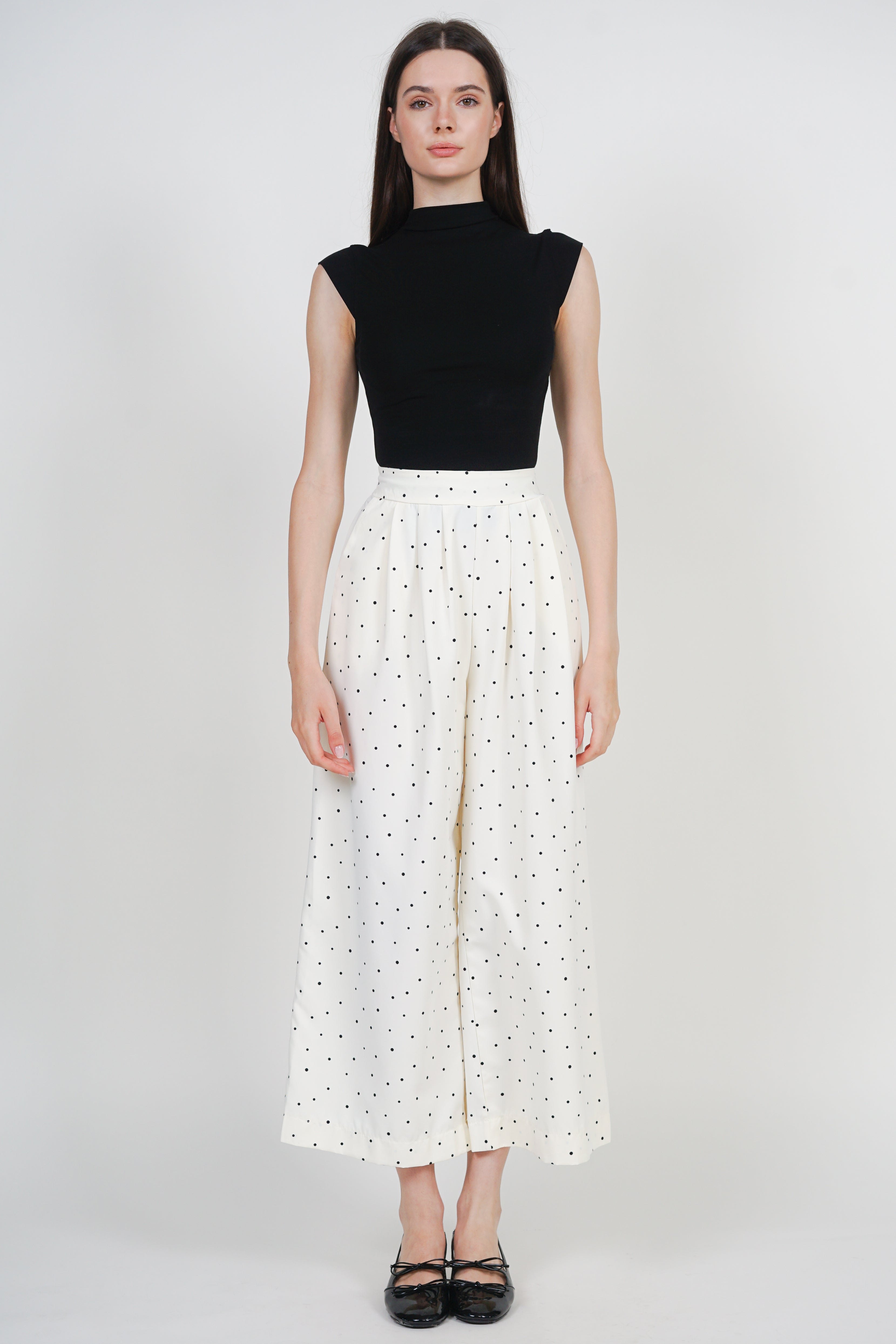 Straight Wide Leg Pants in White Polka Dots