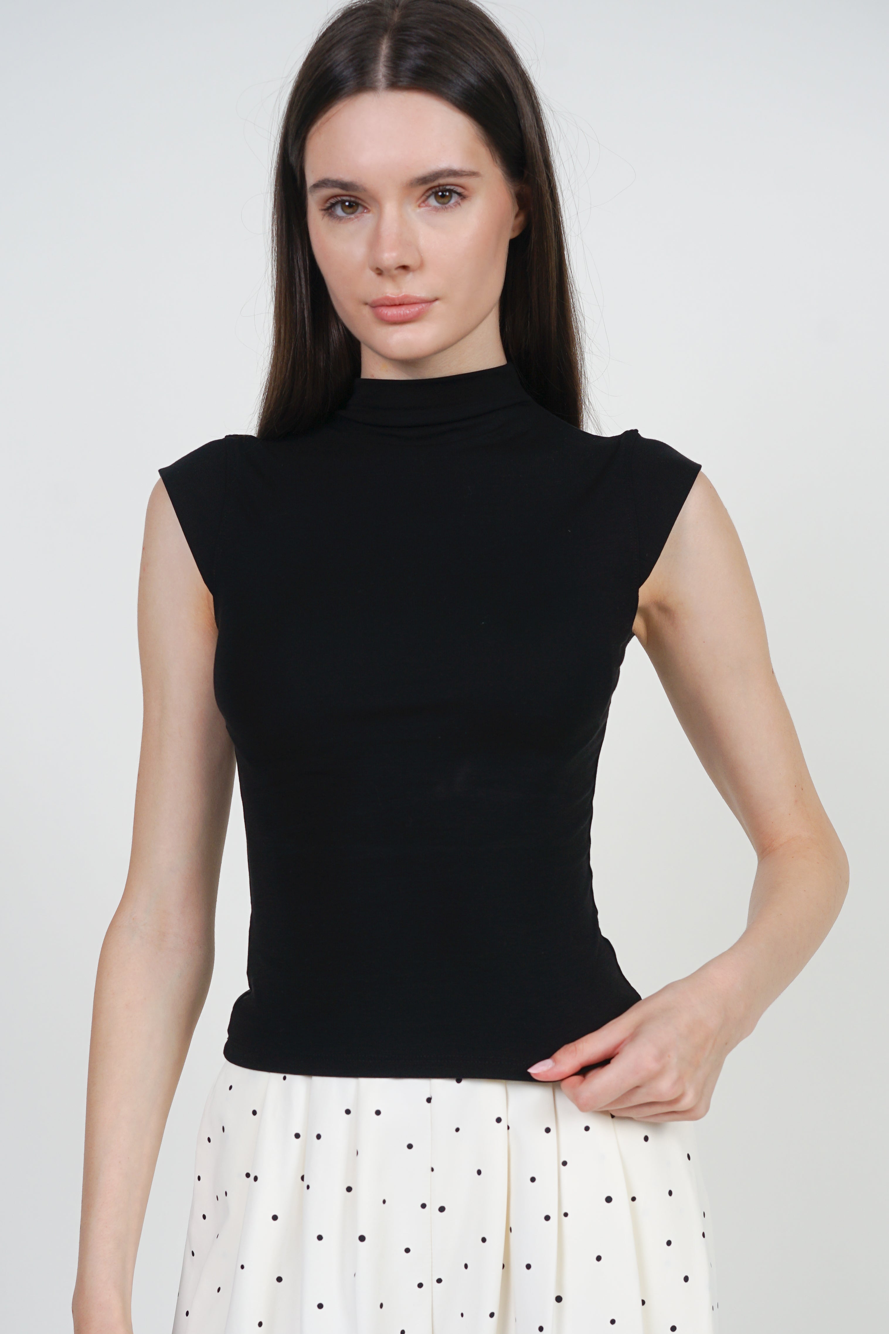 Turtleneck Cap Sleeve Top in Black