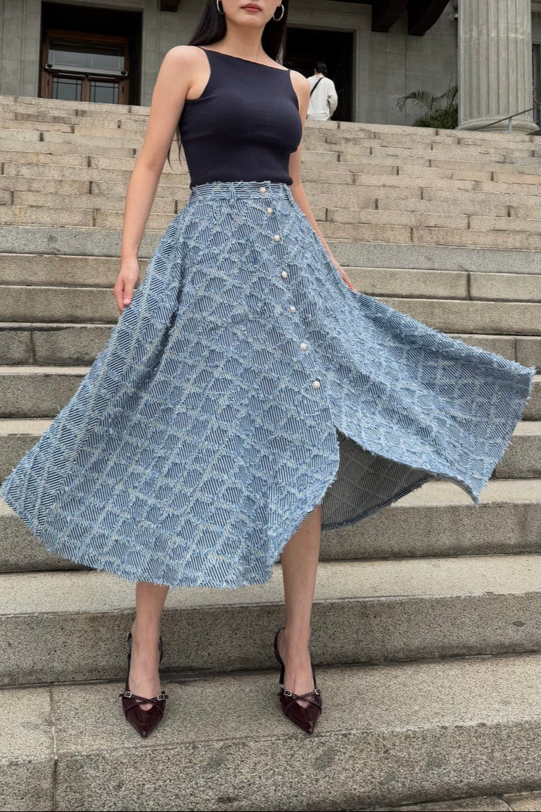 Diamond Textured Flare Skirt in Blue