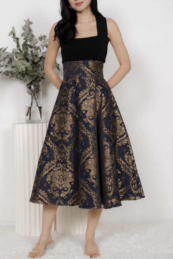Petria Jacquard Midi Skirt in Midnight Damask