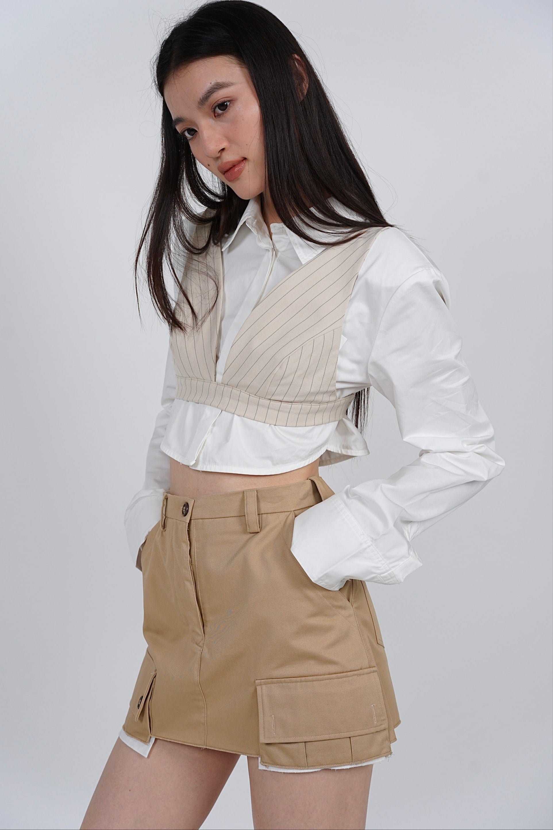 2 in 1 top set - Cropped Collar Shirt +  Bralet Top