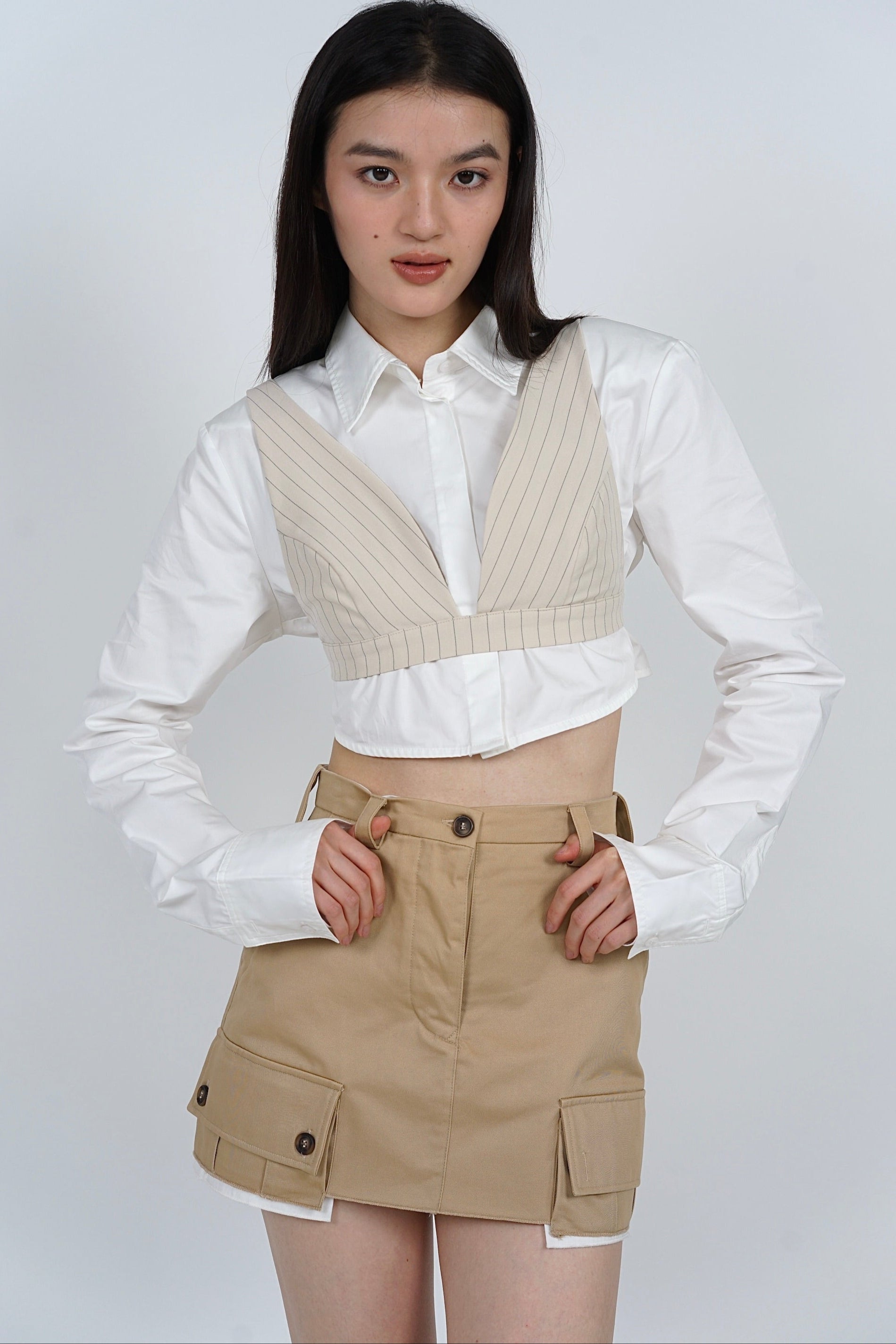 2 in 1 top set - Cropped Collar Shirt +  Bralet Top