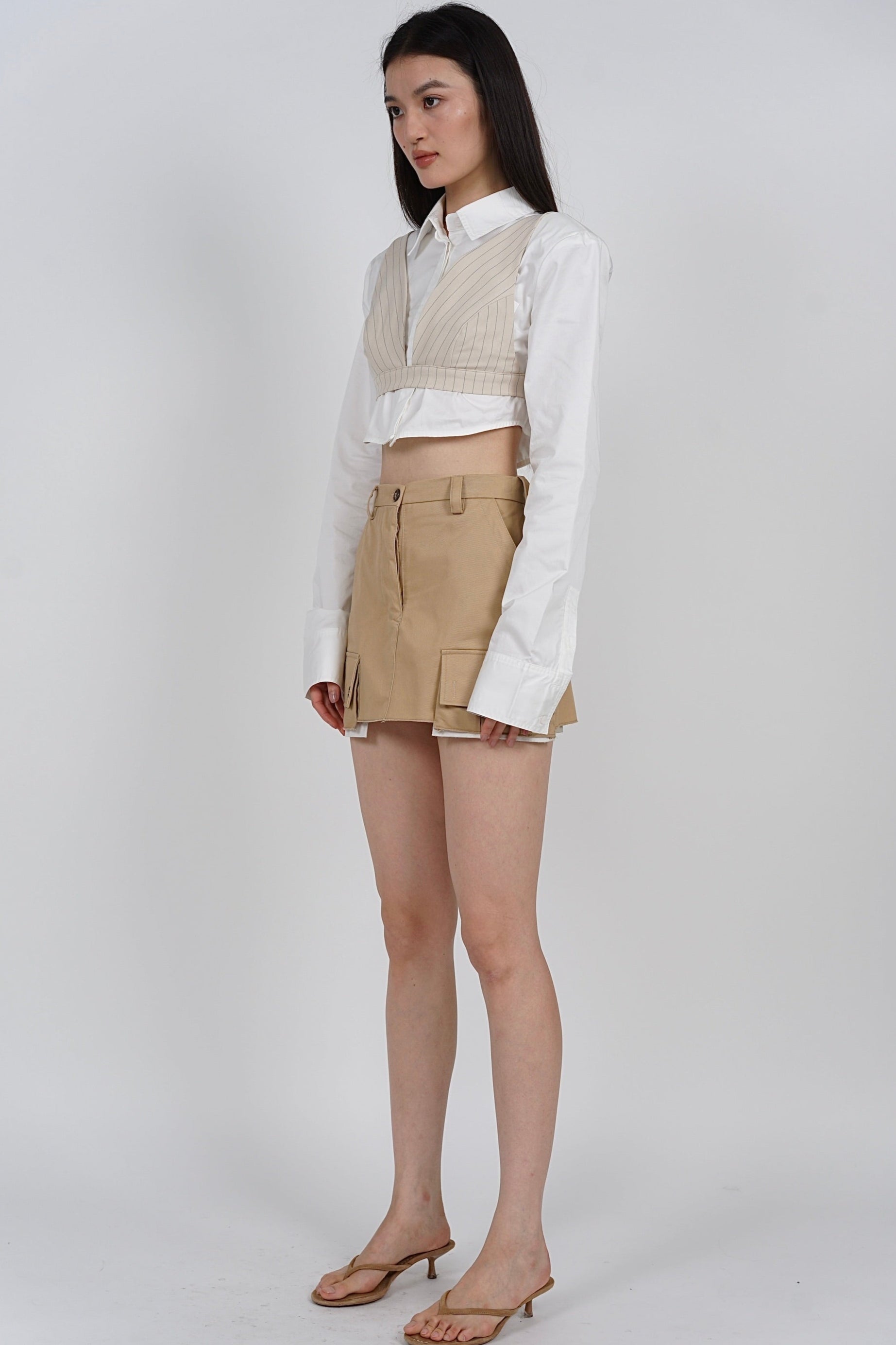 2 in 1 top set - Cropped Collar Shirt +  Bralet Top